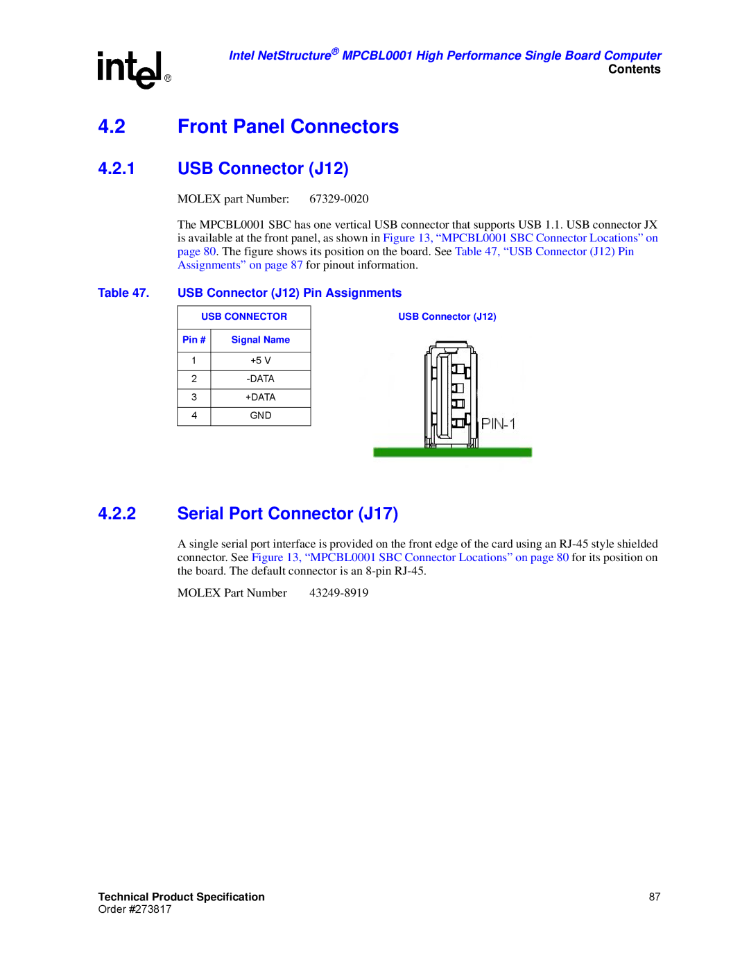 Intel MPCBL0001 manual Front Panel Connectors, Serial Port Connector J17, USB Connector J12 Pin Assignments 