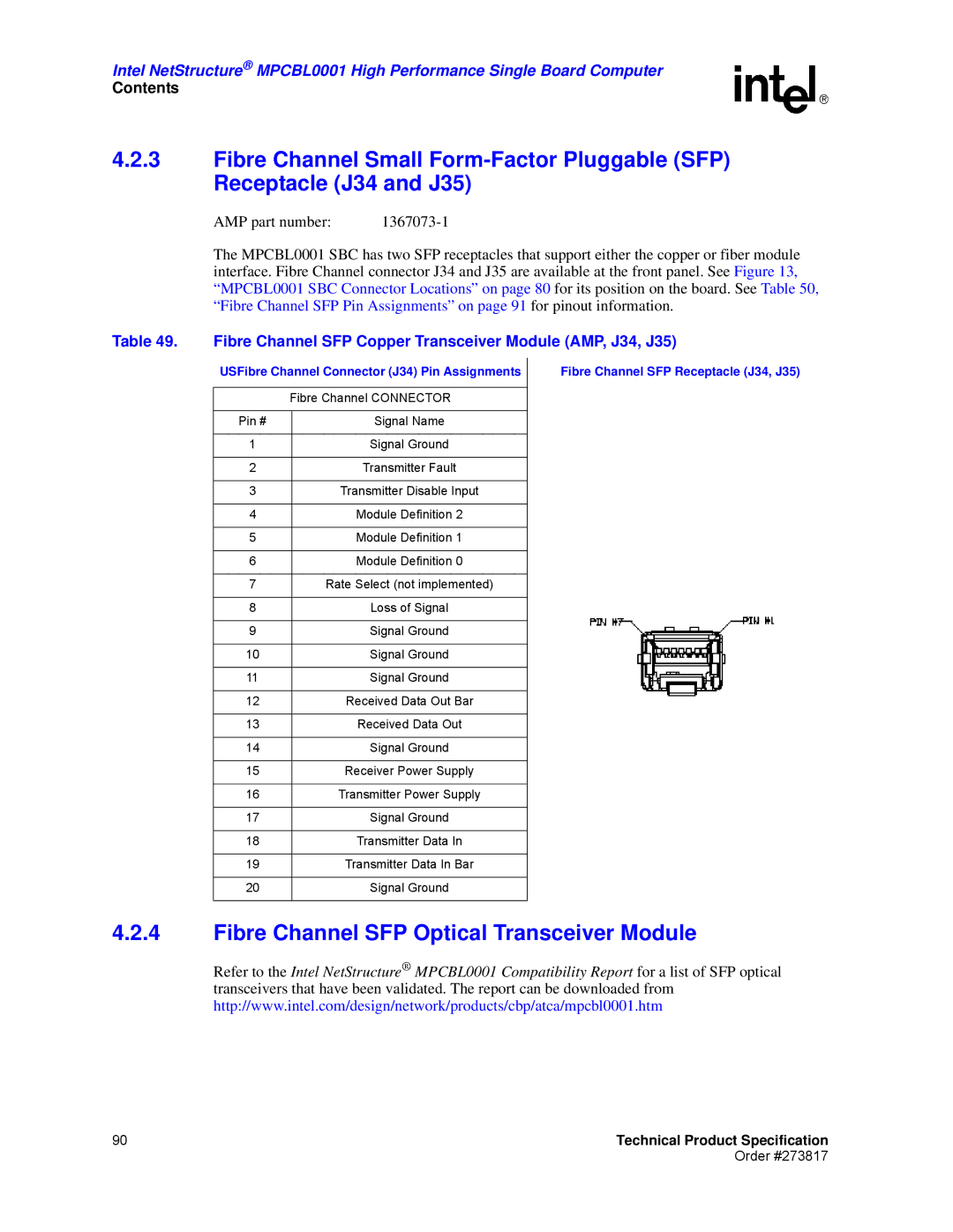 Intel MPCBL0001 Fibre Channel SFP Optical Transceiver Module, Fibre Channel SFP Copper Transceiver Module AMP, J34, J35 