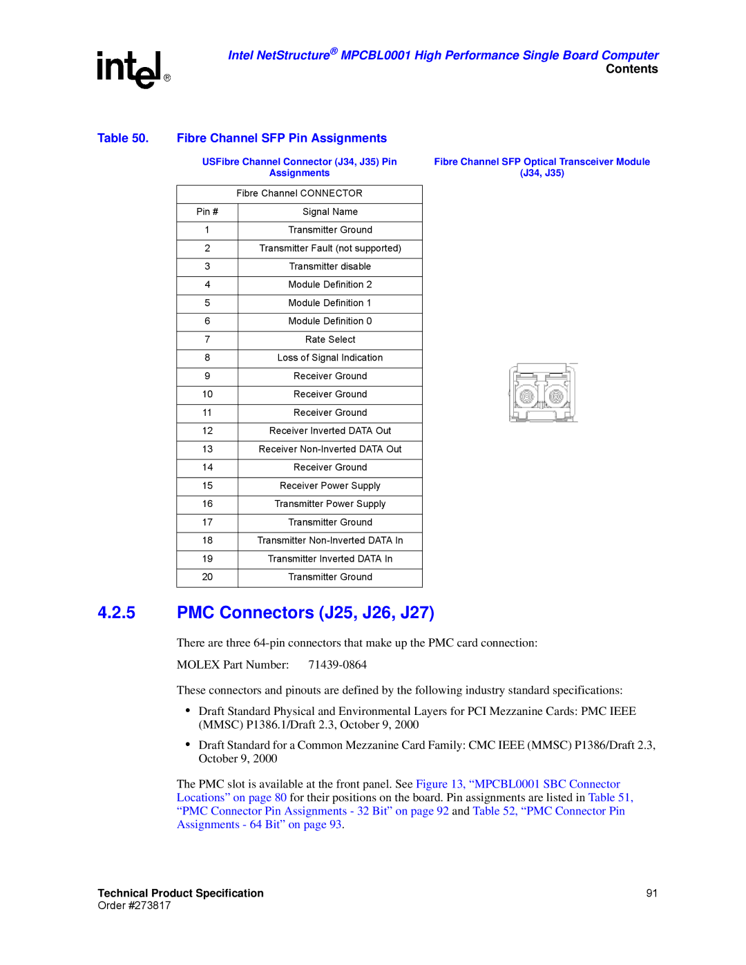 Intel MPCBL0001 manual PMC Connectors J25, J26, J27, Fibre Channel SFP Pin Assignments 