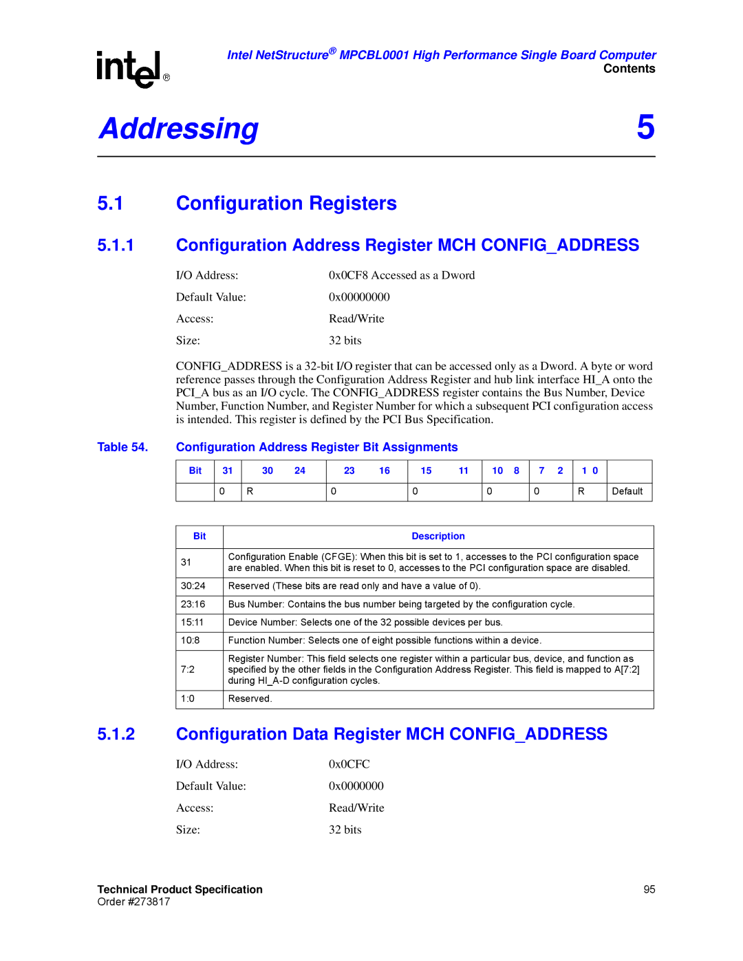 Intel MPCBL0001 manual Addressing5, Configuration Registers, Configuration Address Register MCH Configaddress 