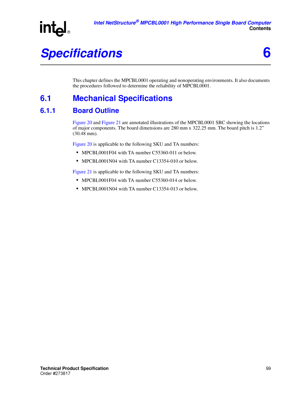 Intel MPCBL0001 manual Specifications6, Mechanical Specifications, Board Outline 