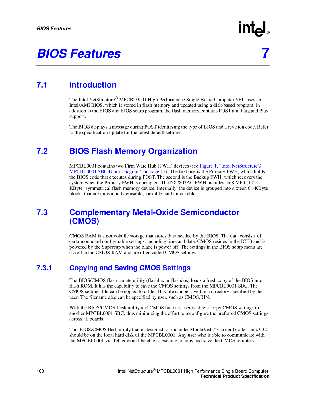 Intel MPCBL0001 Bios Features, Introduction, Bios Flash Memory Organization, Complementary Metal-Oxide Semiconductor Cmos 