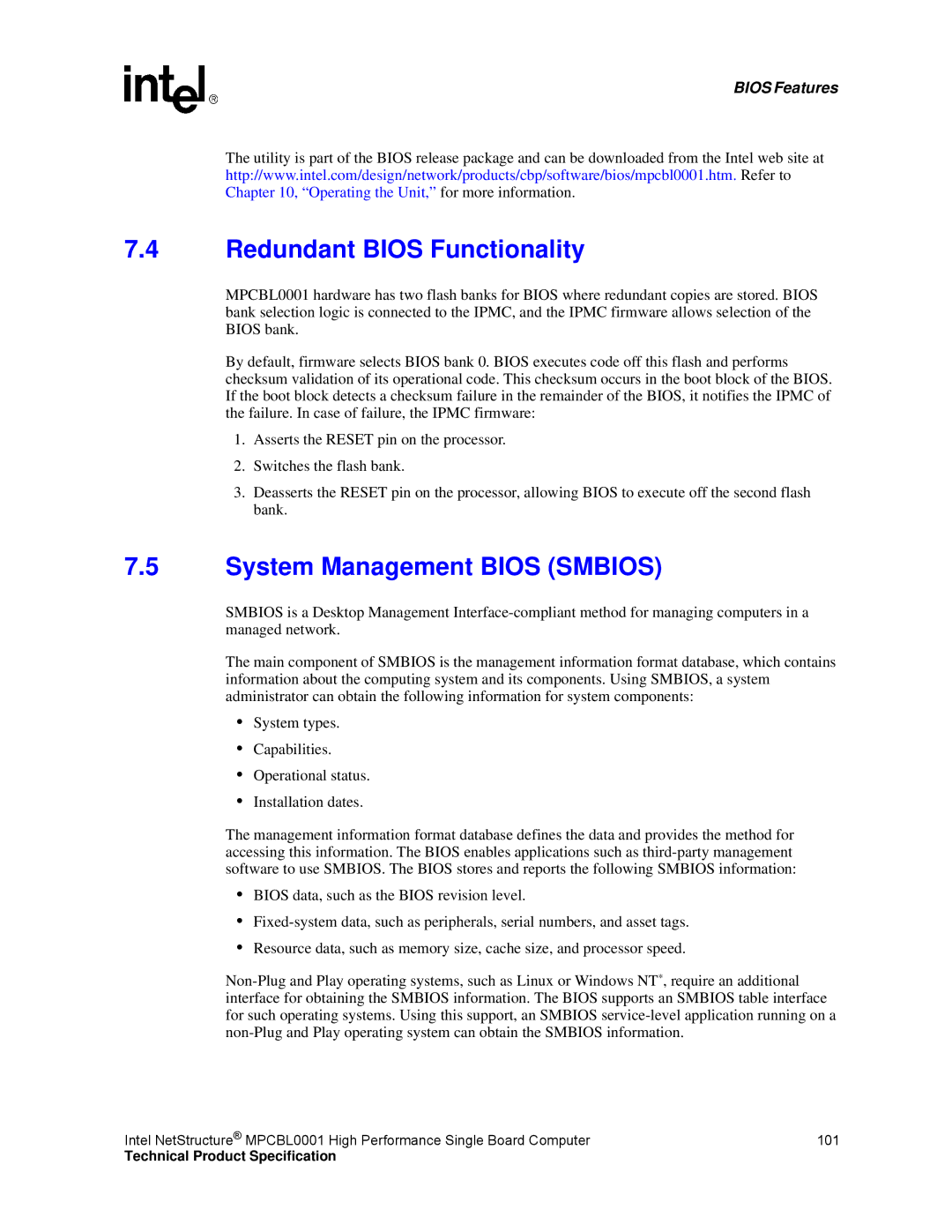 Intel MPCBL0001 manual Redundant Bios Functionality, System Management Bios Smbios 