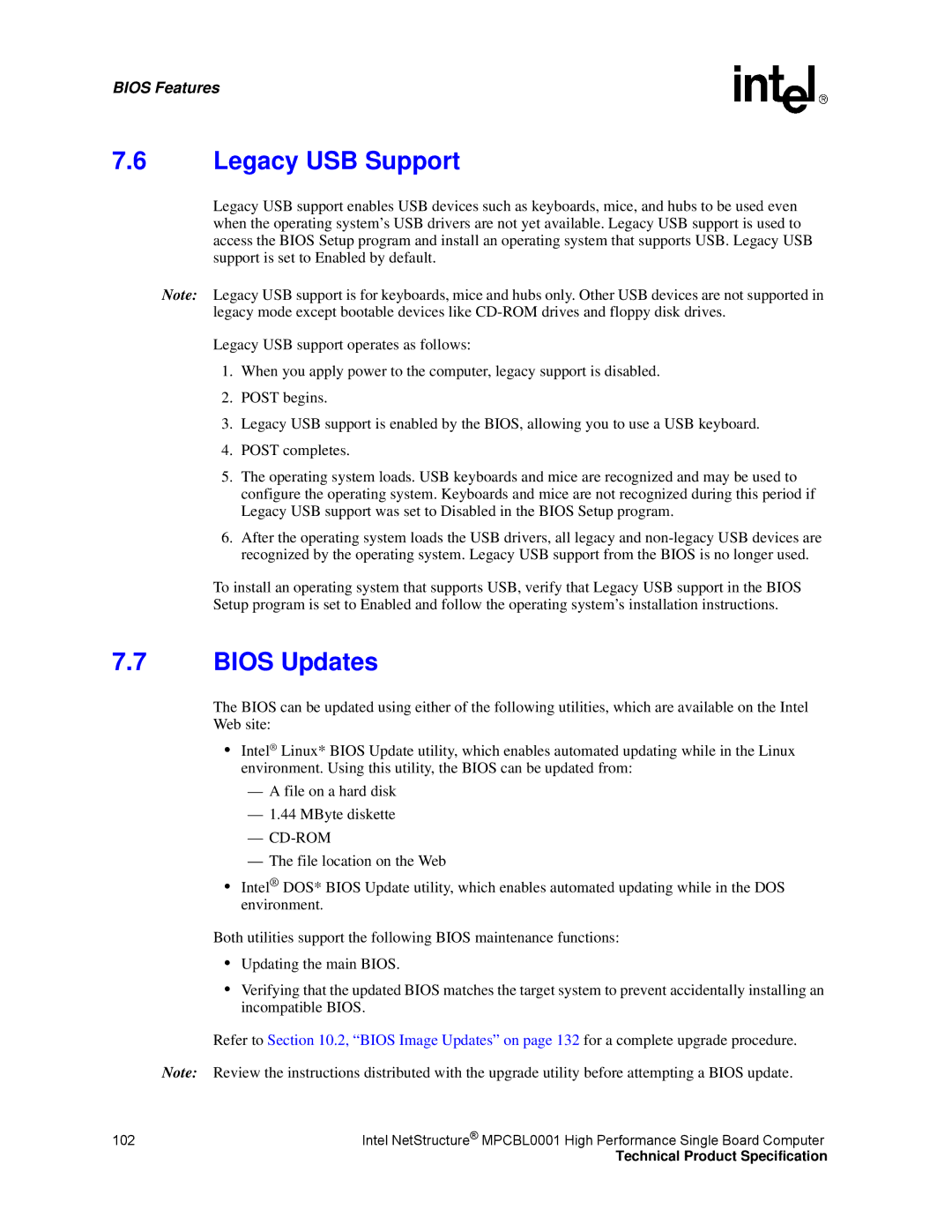 Intel MPCBL0001 manual Legacy USB Support, Bios Updates 