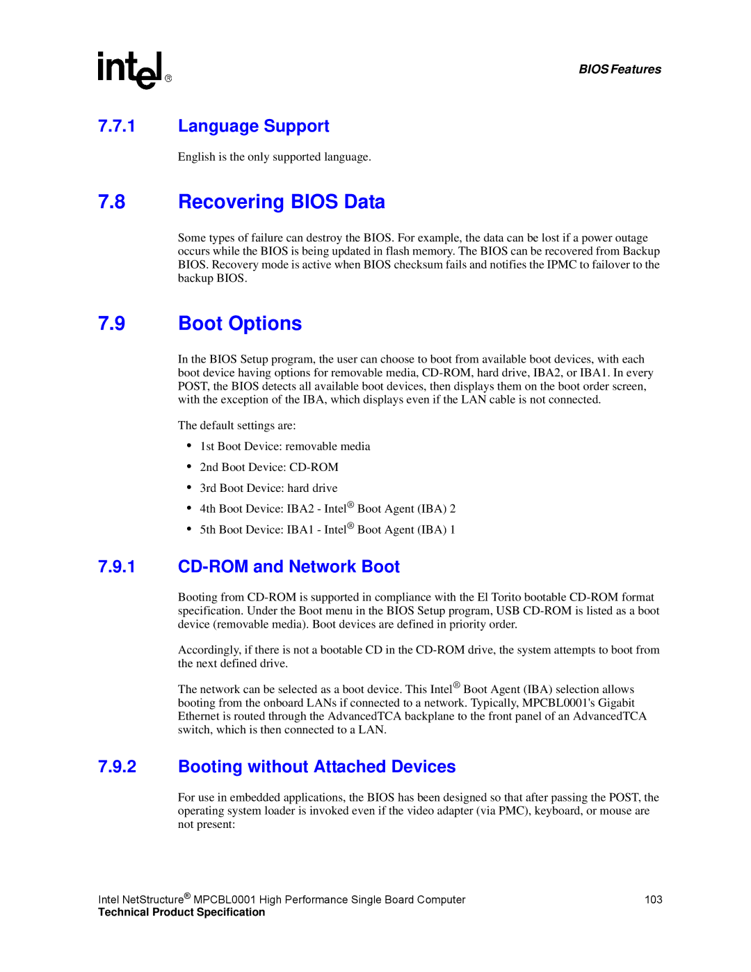 Intel MPCBL0001 manual Recovering Bios Data, Boot Options, Language Support, CD-ROM and Network Boot 