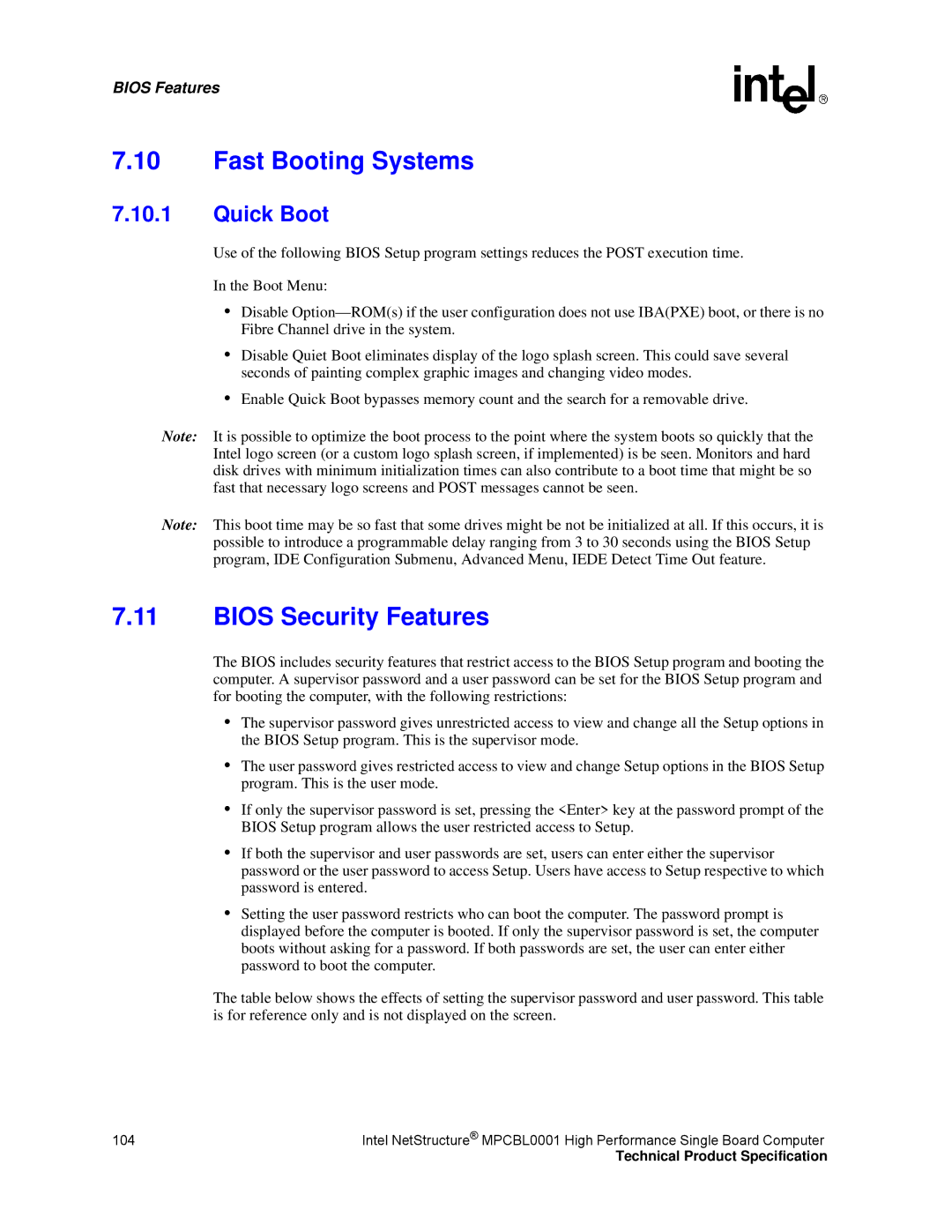 Intel MPCBL0001 manual Fast Booting Systems, Bios Security Features, Quick Boot 