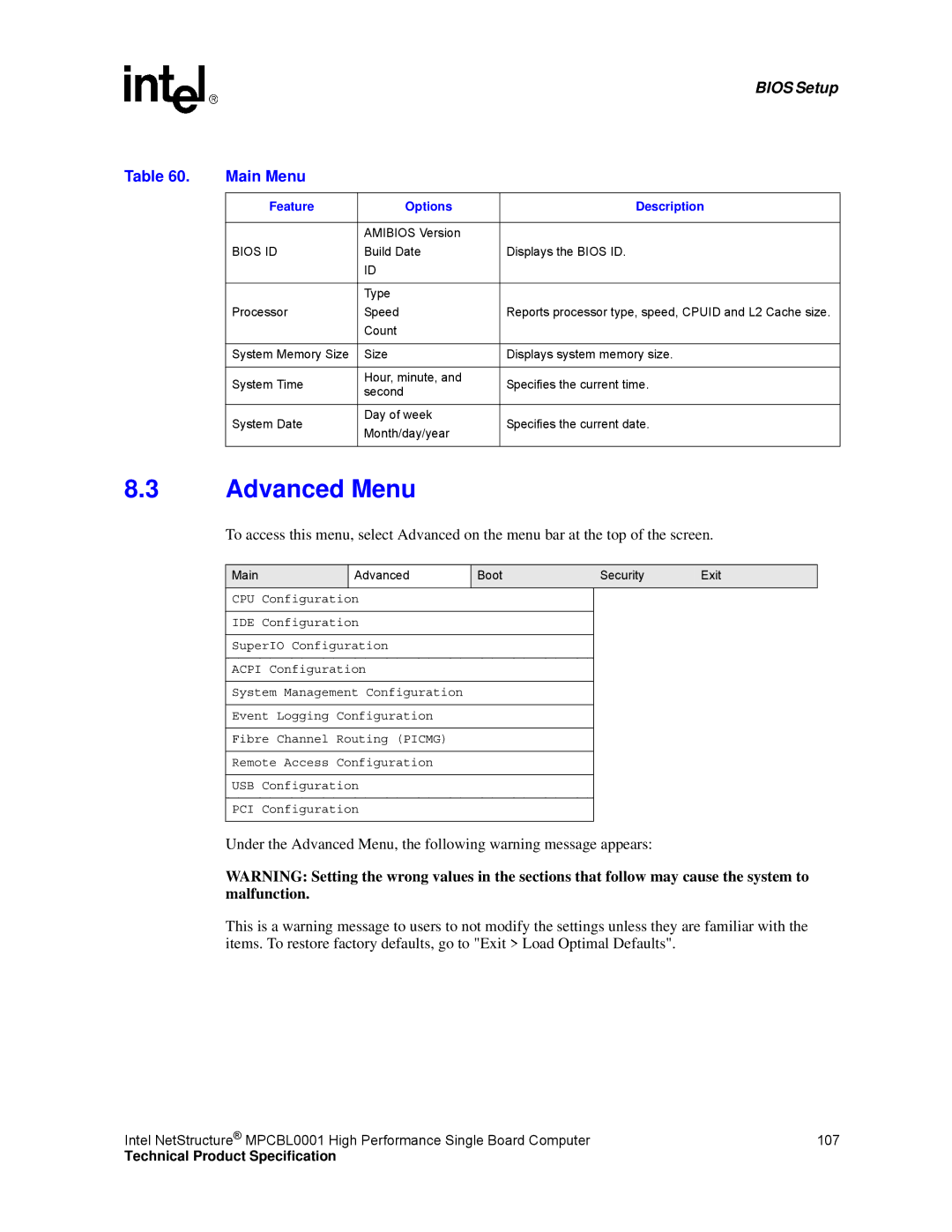 Intel MPCBL0001 manual Advanced Menu, Main Menu, Feature Options Description, Bios ID 