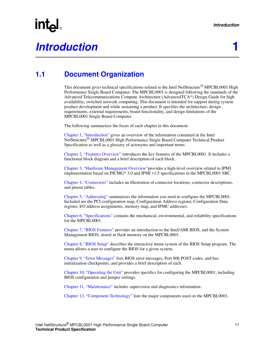 Intel MPCBL0001 manual Introduction1, Document Organization 