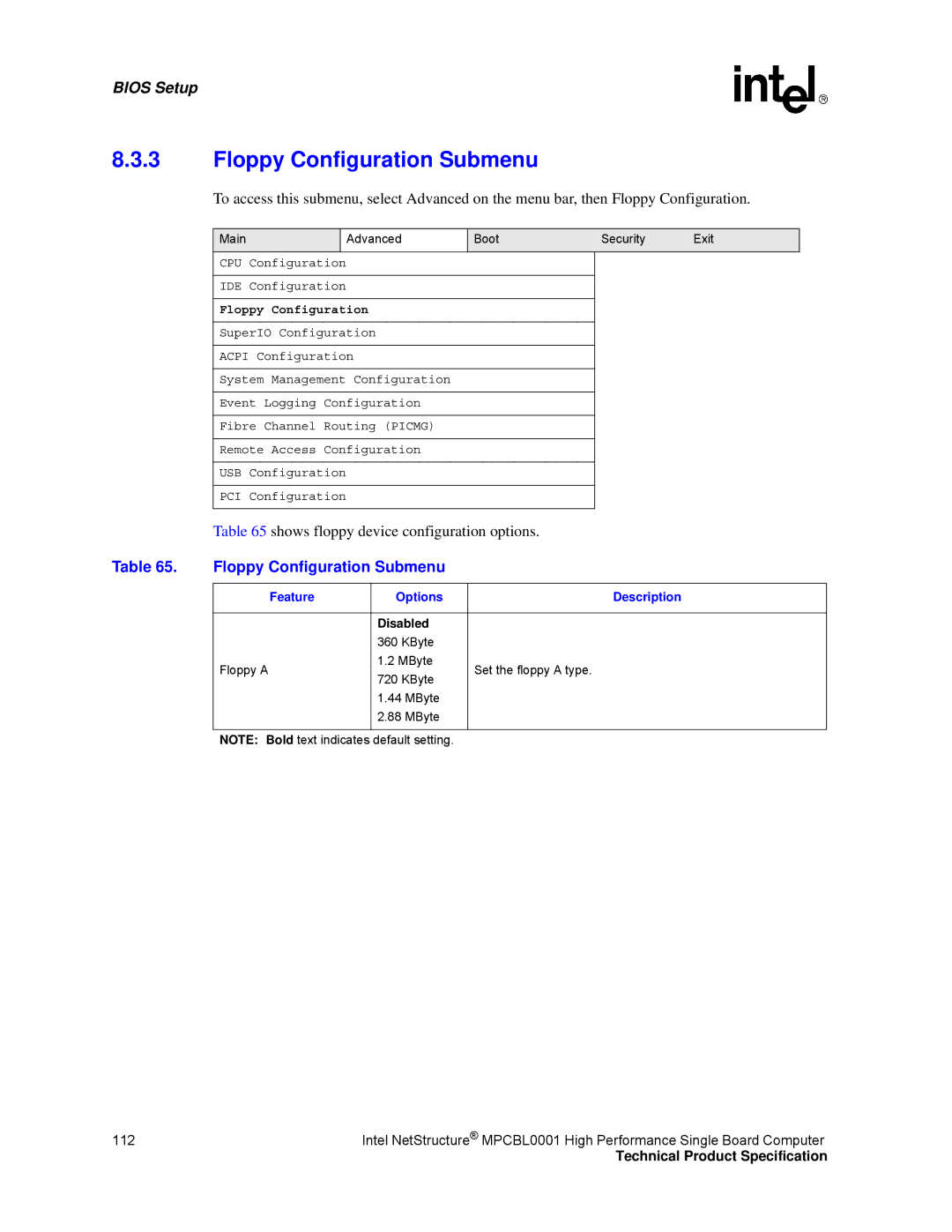 Intel MPCBL0001 manual Floppy Configuration Submenu 