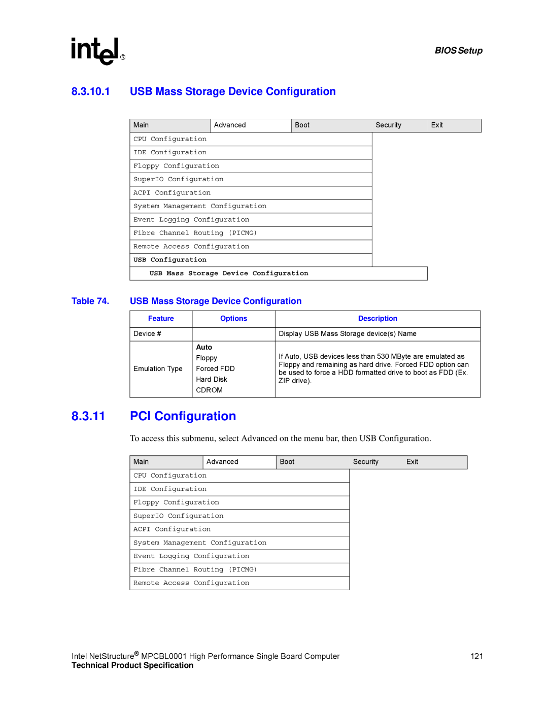 Intel MPCBL0001 manual PCI Configuration, USB Mass Storage Device Configuration, Cdrom 