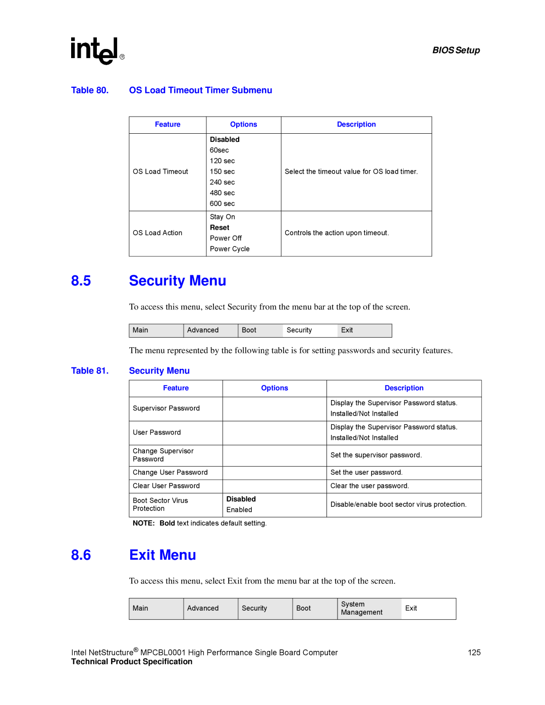 Intel MPCBL0001 manual Security Menu, Exit Menu, OS Load Timeout Timer Submenu 