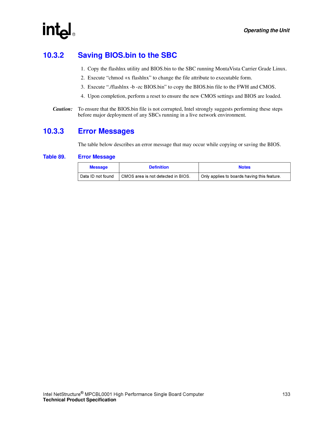 Intel MPCBL0001 manual Saving BIOS.bin to the SBC, Error Messages 