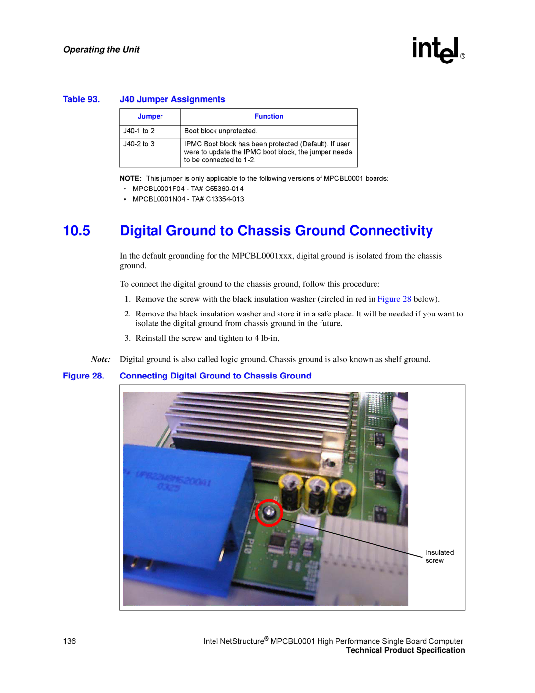 Intel MPCBL0001 manual Digital Ground to Chassis Ground Connectivity, J40 Jumper Assignments 