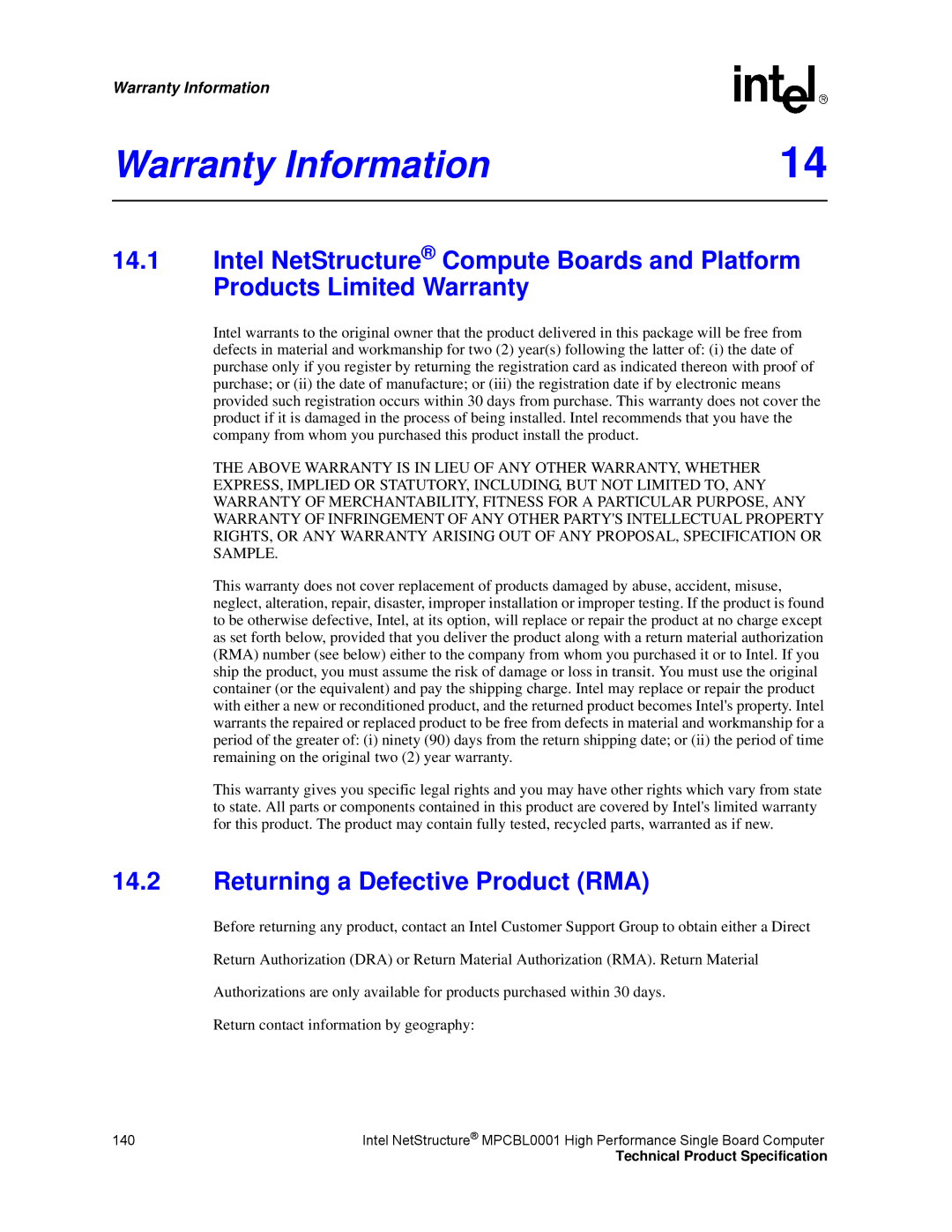 Intel MPCBL0001 manual Warranty Information, Returning a Defective Product RMA 