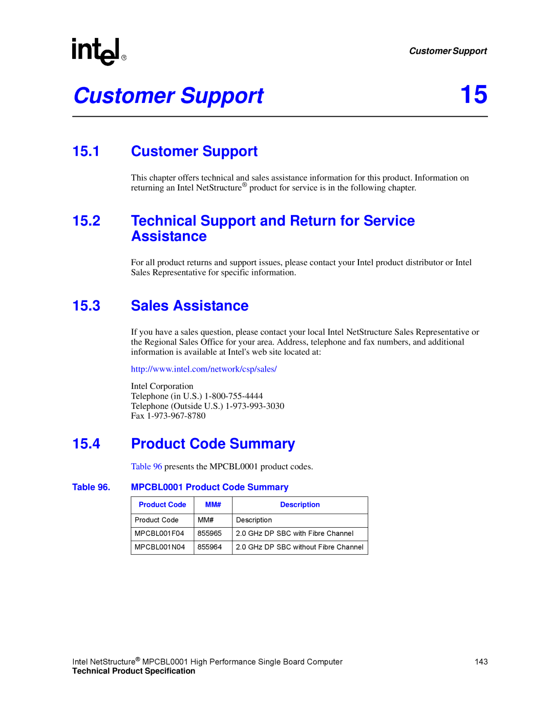 Intel MPCBL0001 manual Customer Support, Technical Support and Return for Service Assistance, Sales Assistance 