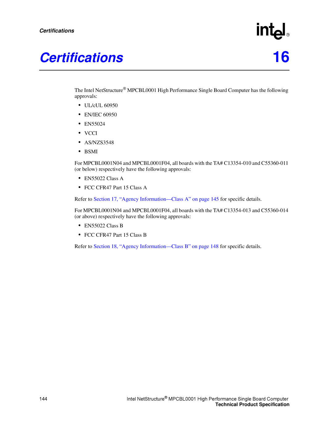 Intel MPCBL0001 manual Certifications16, Bsmi 