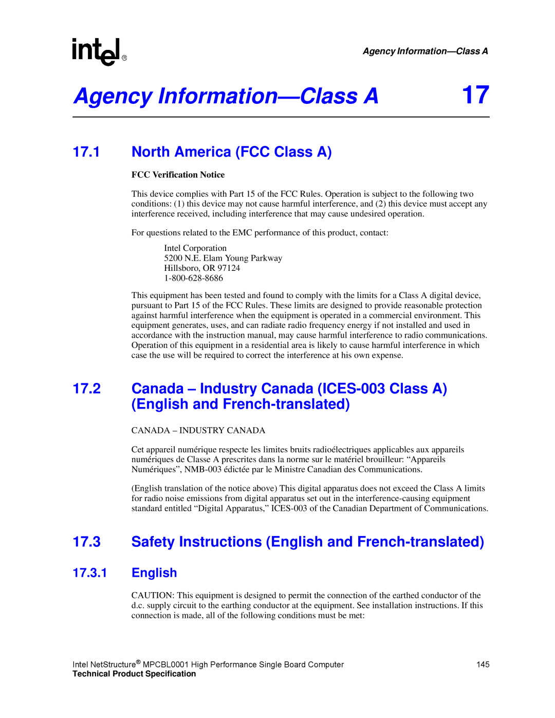 Intel MPCBL0001 Agency Information-Class a, North America FCC Class a, Safety Instructions English and French-translated 