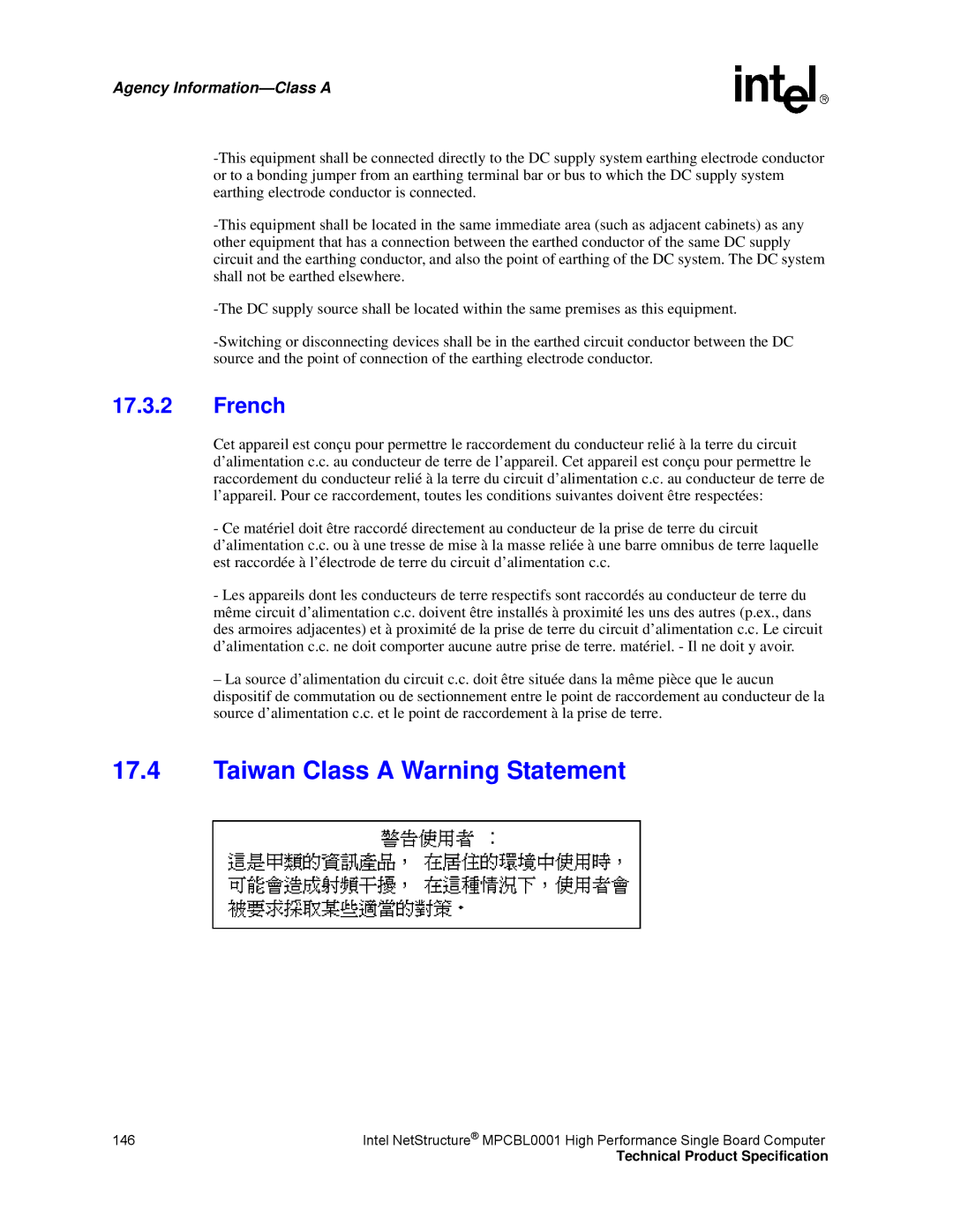 Intel MPCBL0001 manual Taiwan Class a Warning Statement, French 