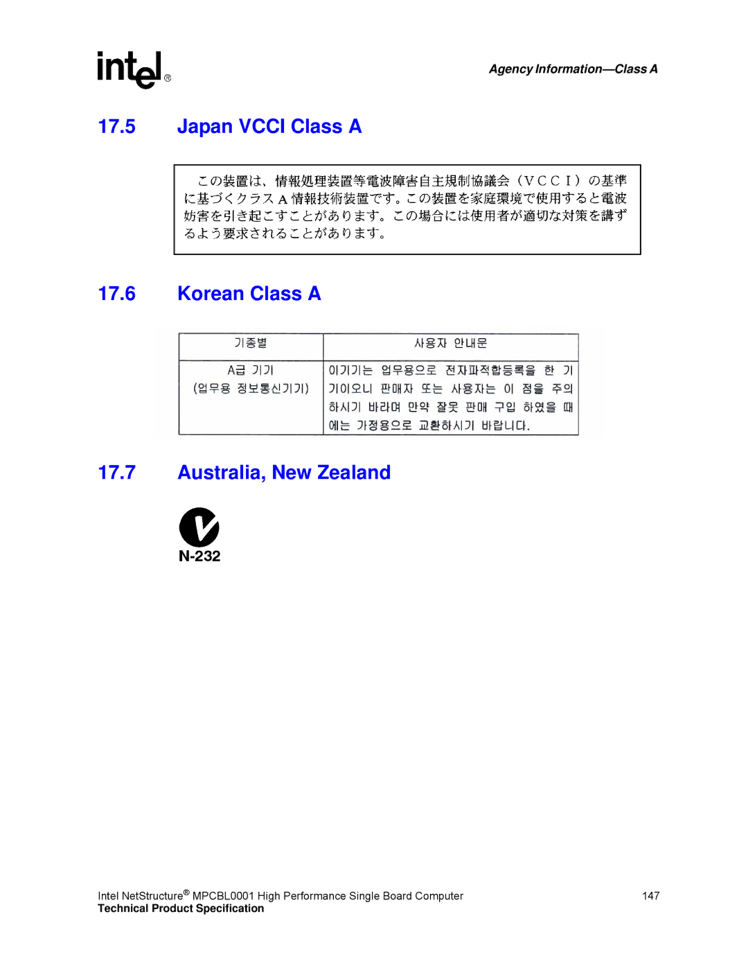 Intel MPCBL0001 manual Japan Vcci Class a Korean Class a Australia, New Zealand 