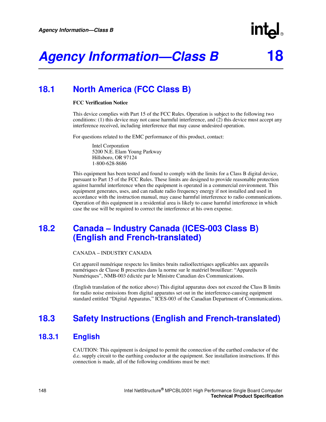 Intel MPCBL0001 manual Agency Information-Class B, North America FCC Class B 