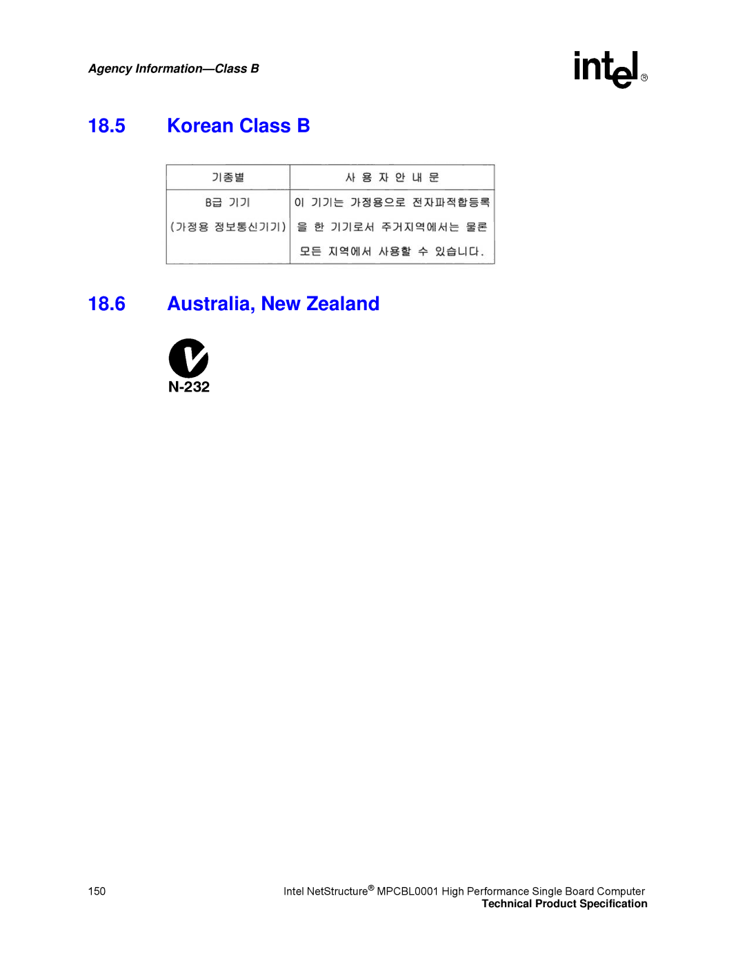 Intel MPCBL0001 manual Korean Class B Australia, New Zealand 