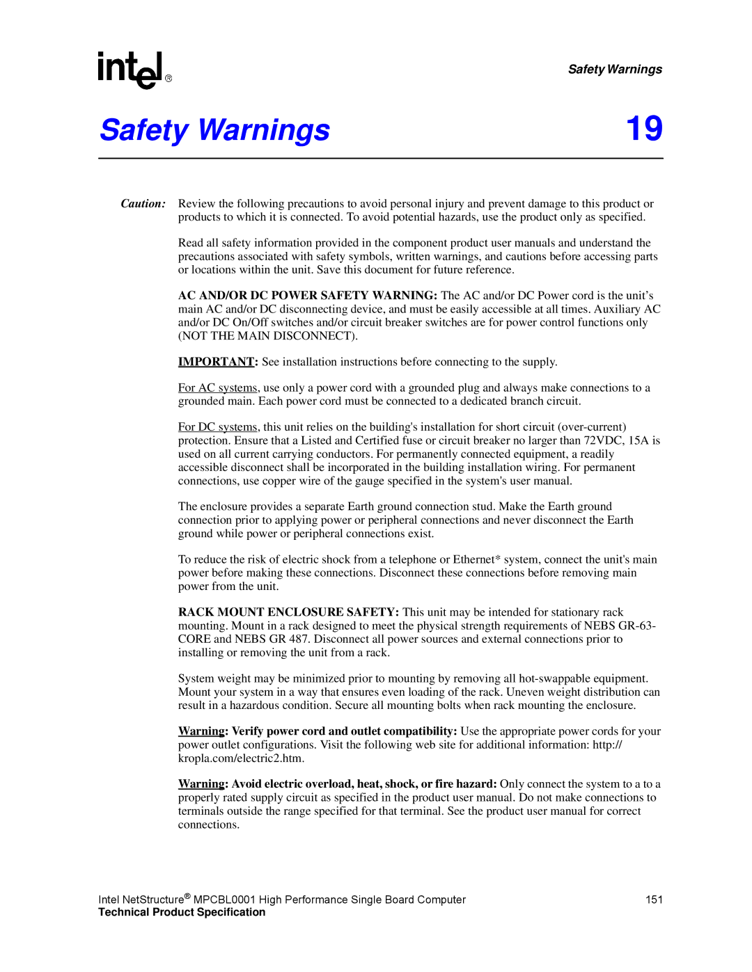 Intel MPCBL0001 manual Safety Warnings, Not the Main Disconnect 