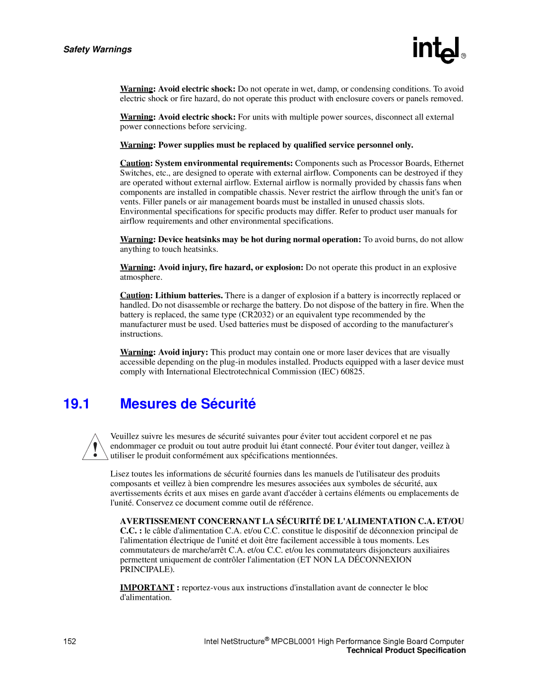 Intel MPCBL0001 manual Mesures de Sécurité 