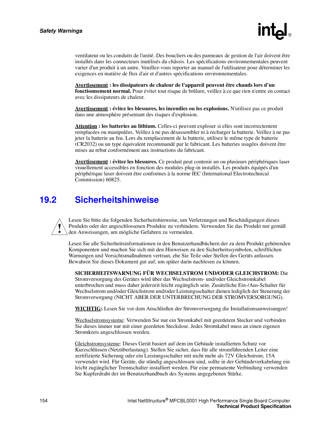 Intel MPCBL0001 manual Sicherheitshinweise 