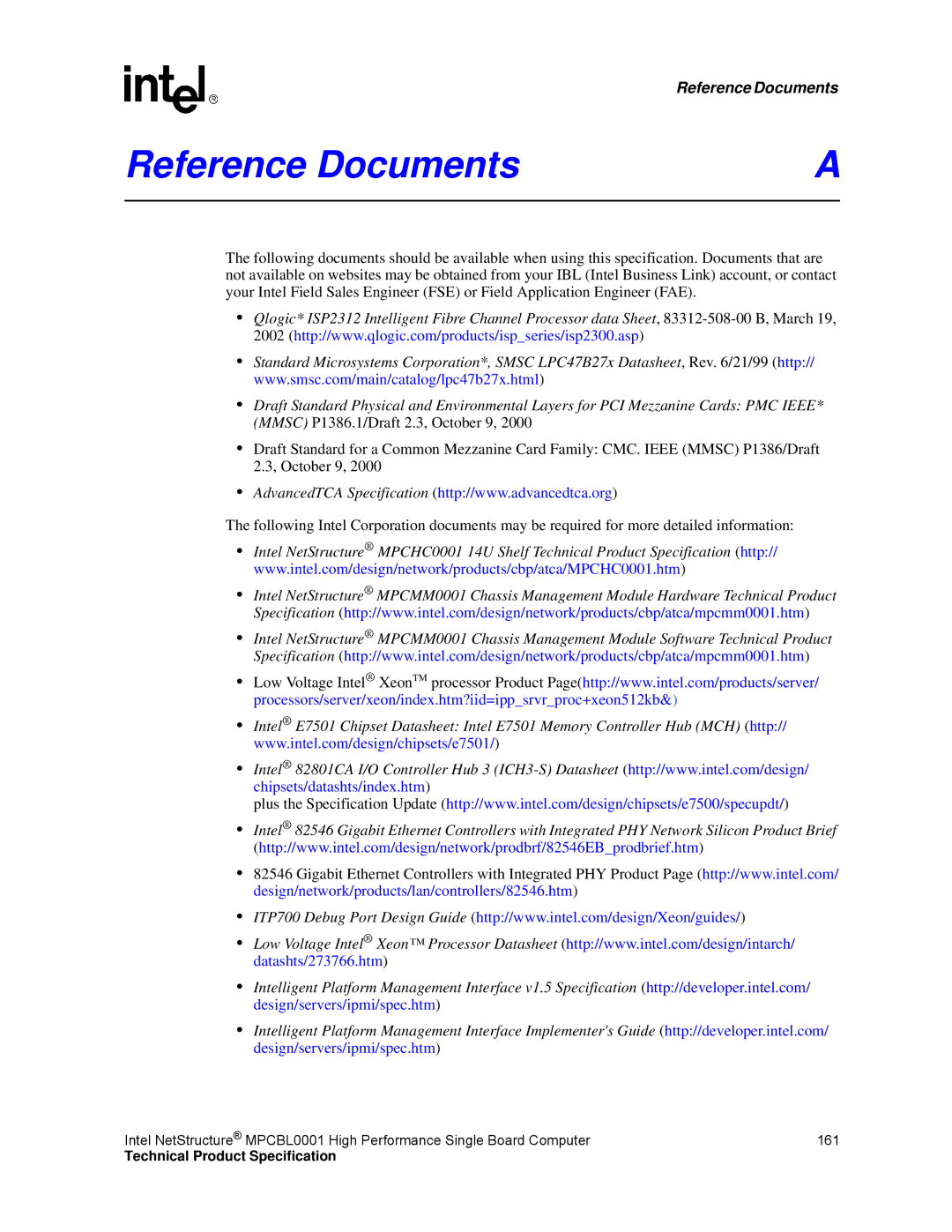 Intel MPCBL0001 manual Reference Documents 