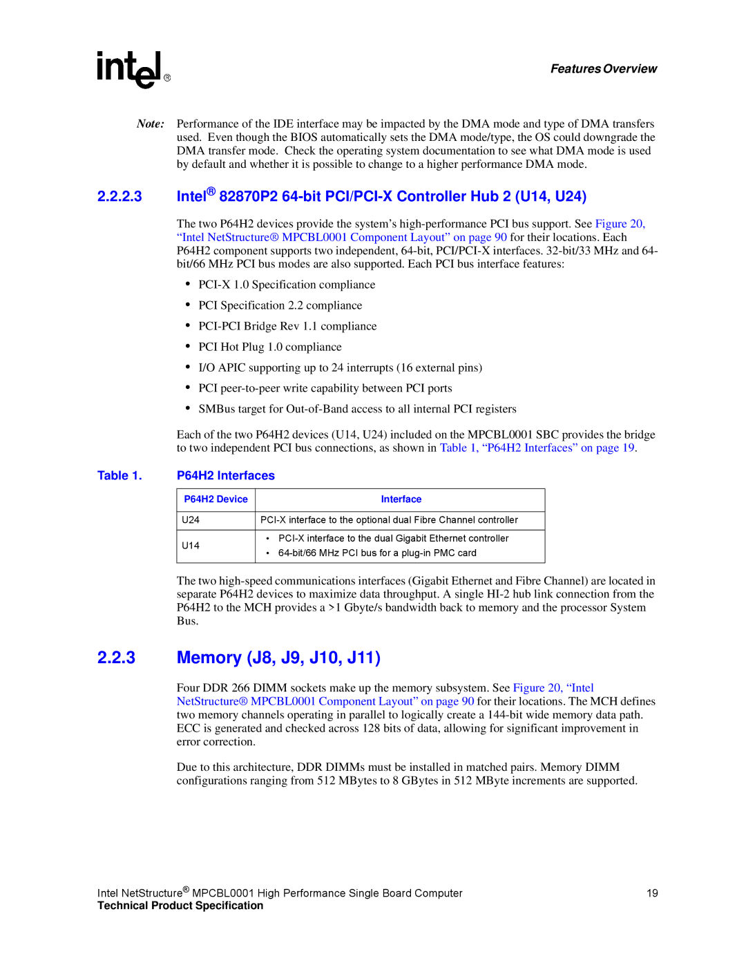 Intel MPCBL0001 manual Memory J8, J9, J10, J11, Intel 82870P2 64-bit PCI/PCI-X Controller Hub 2 U14, U24, P64H2 Interfaces 