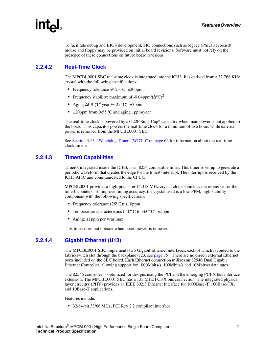 Intel MPCBL0001 manual Real-Time Clock, Timer0 Capabilities, Gigabit Ethernet U13 