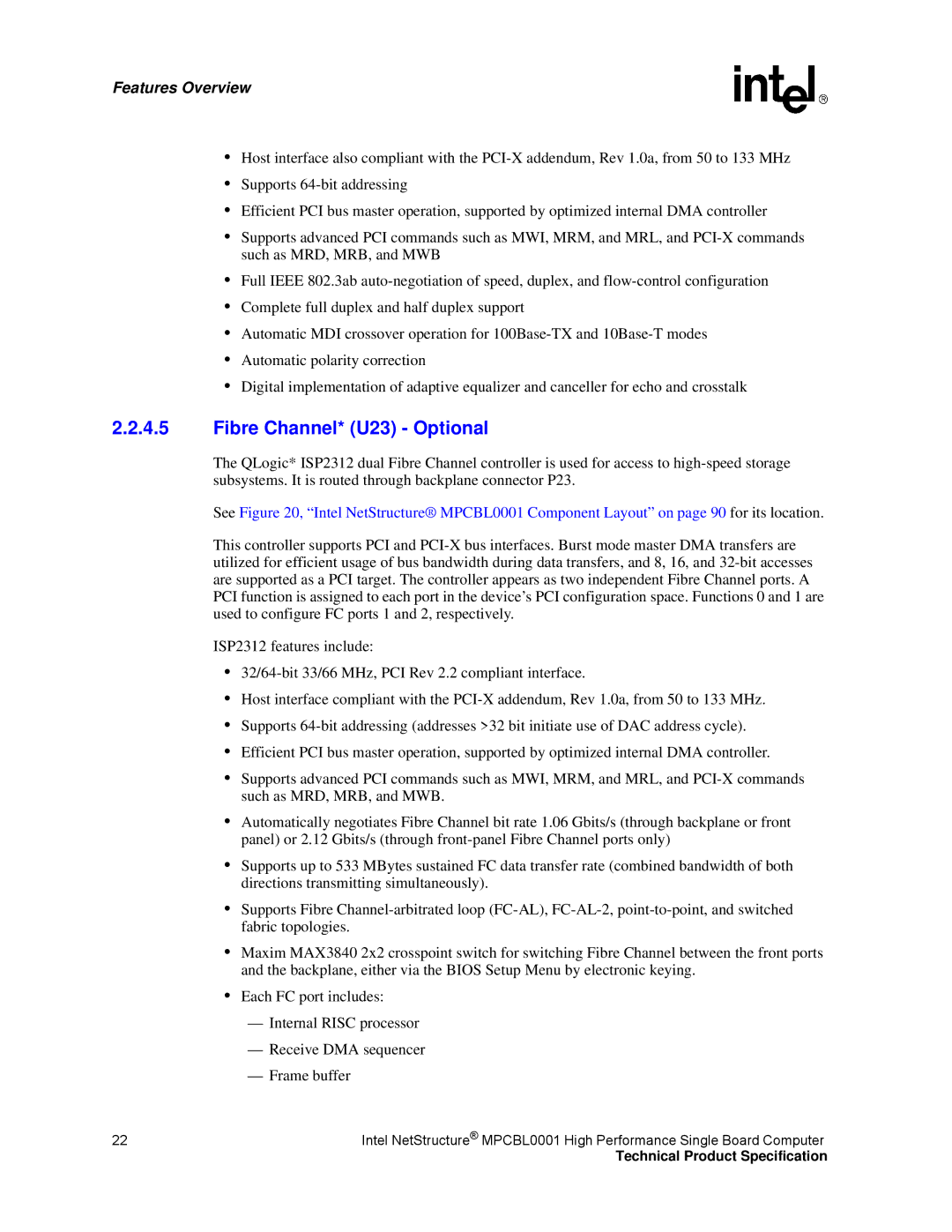 Intel MPCBL0001 manual Fibre Channel* U23 Optional 