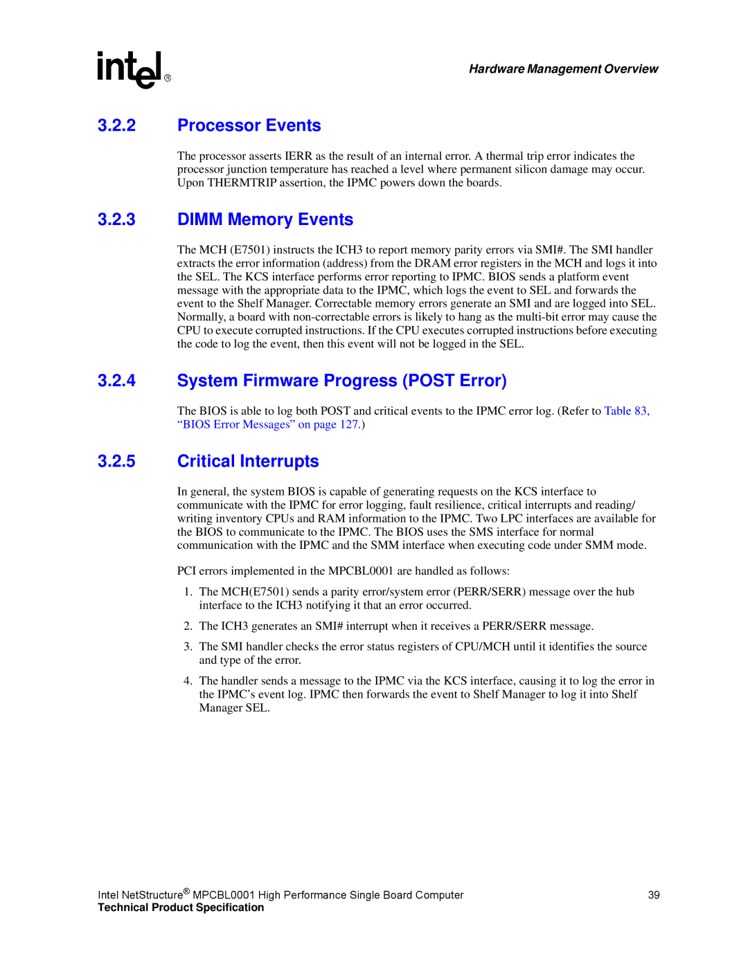 Intel MPCBL0001 manual Processor Events, Dimm Memory Events, System Firmware Progress Post Error, Critical Interrupts 