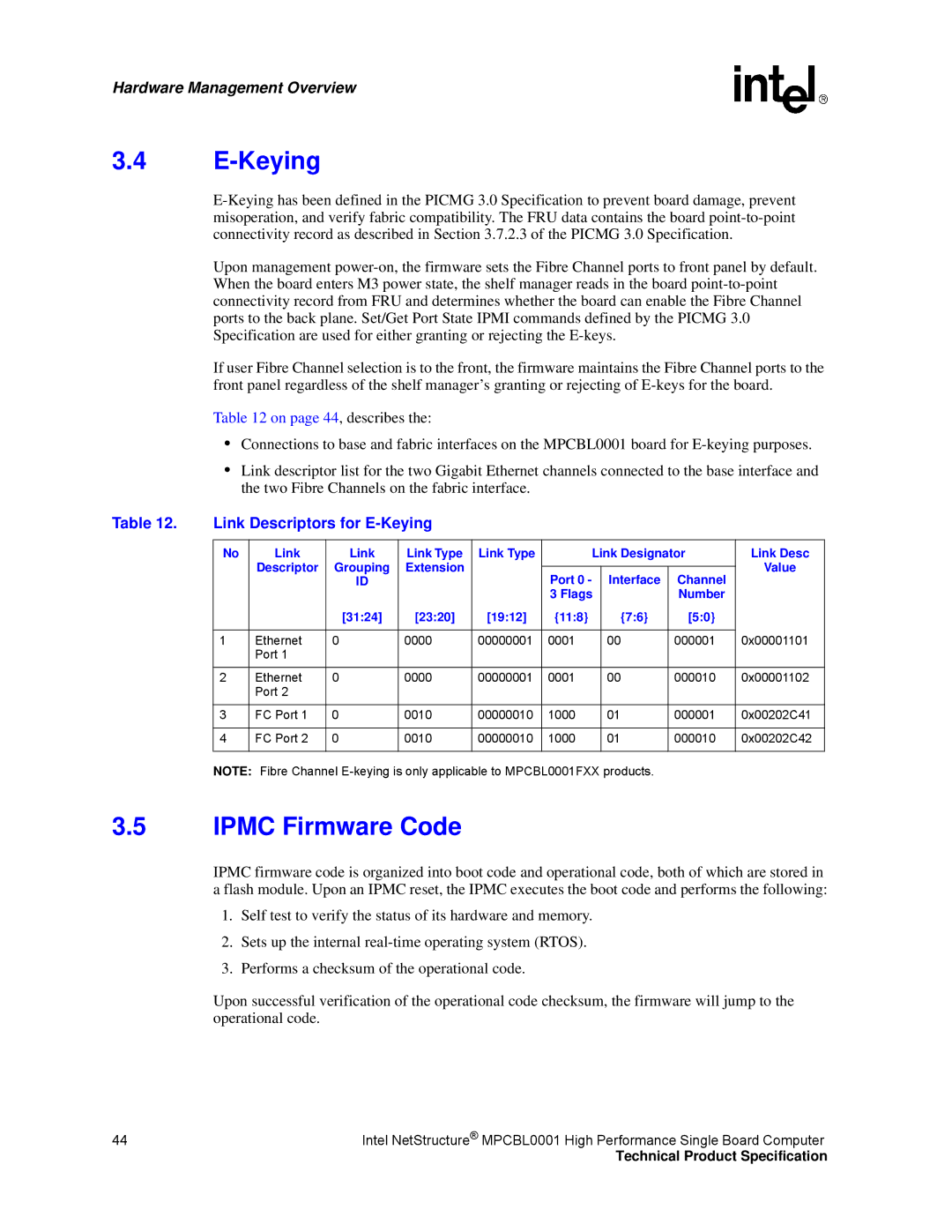 Intel MPCBL0001 manual Ipmc Firmware Code, Link Descriptors for E-Keying 