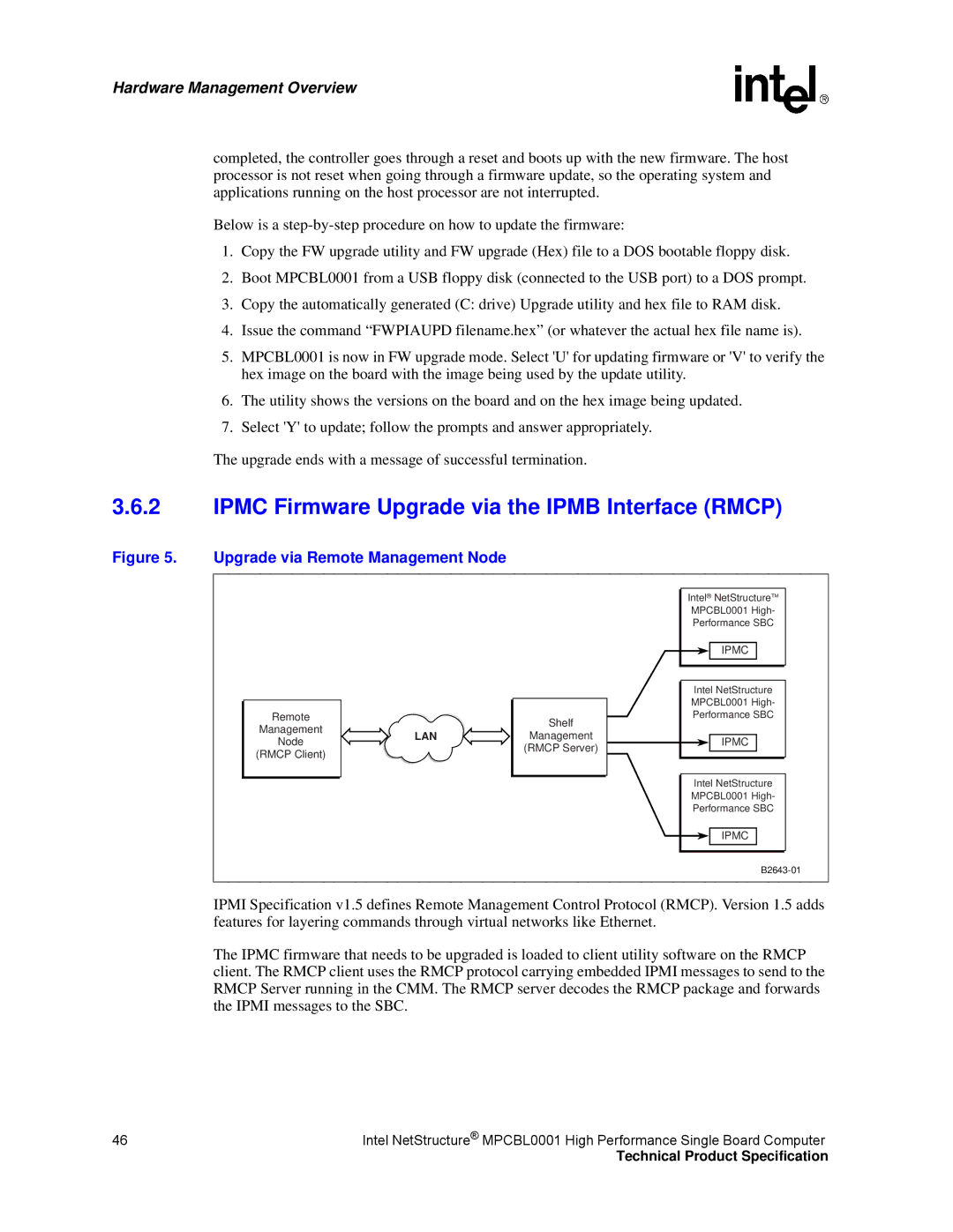 Intel MPCBL0001 manual Ipmc Firmware Upgrade via the Ipmb Interface Rmcp, Upgrade via Remote Management Node 