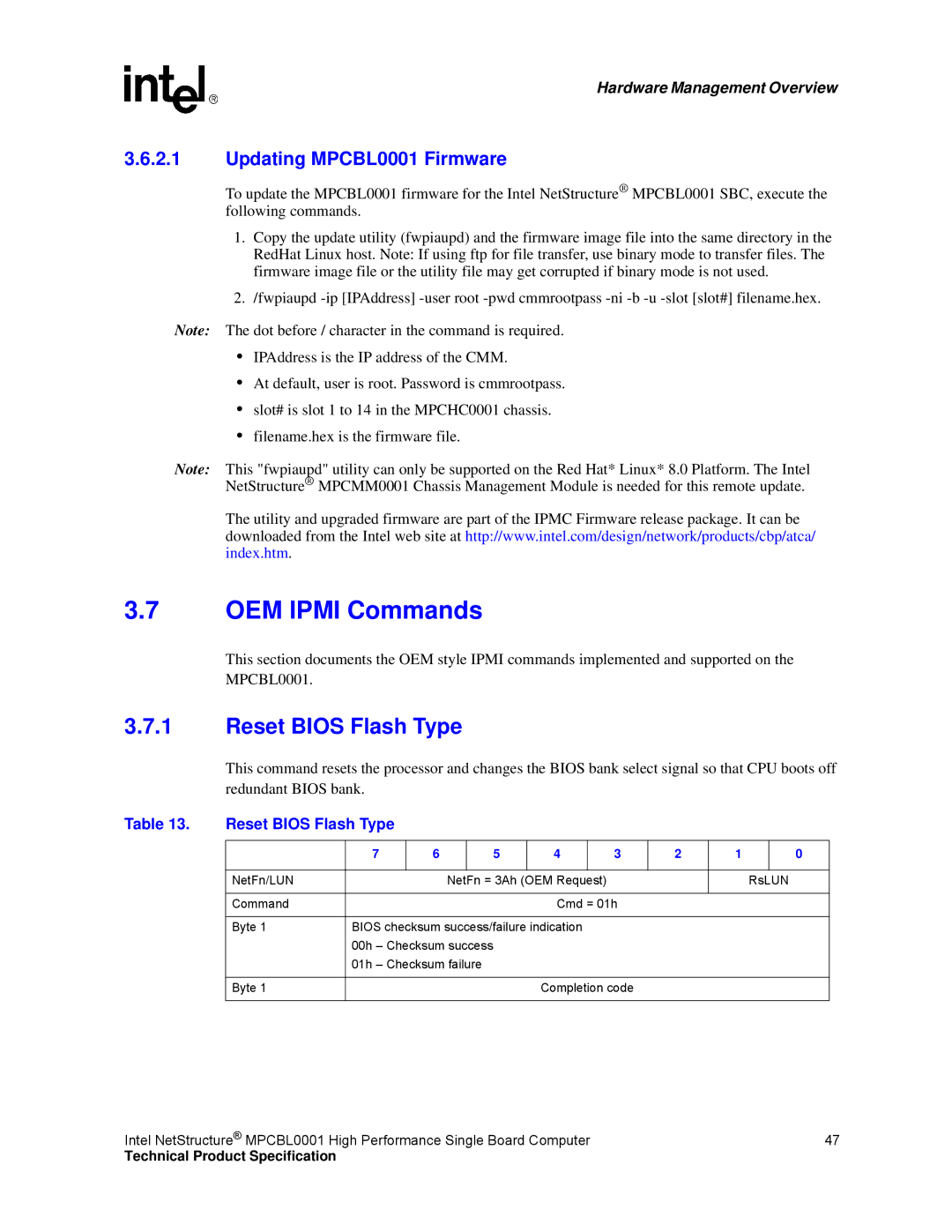 Intel manual OEM Ipmi Commands, Reset Bios Flash Type, Updating MPCBL0001 Firmware 