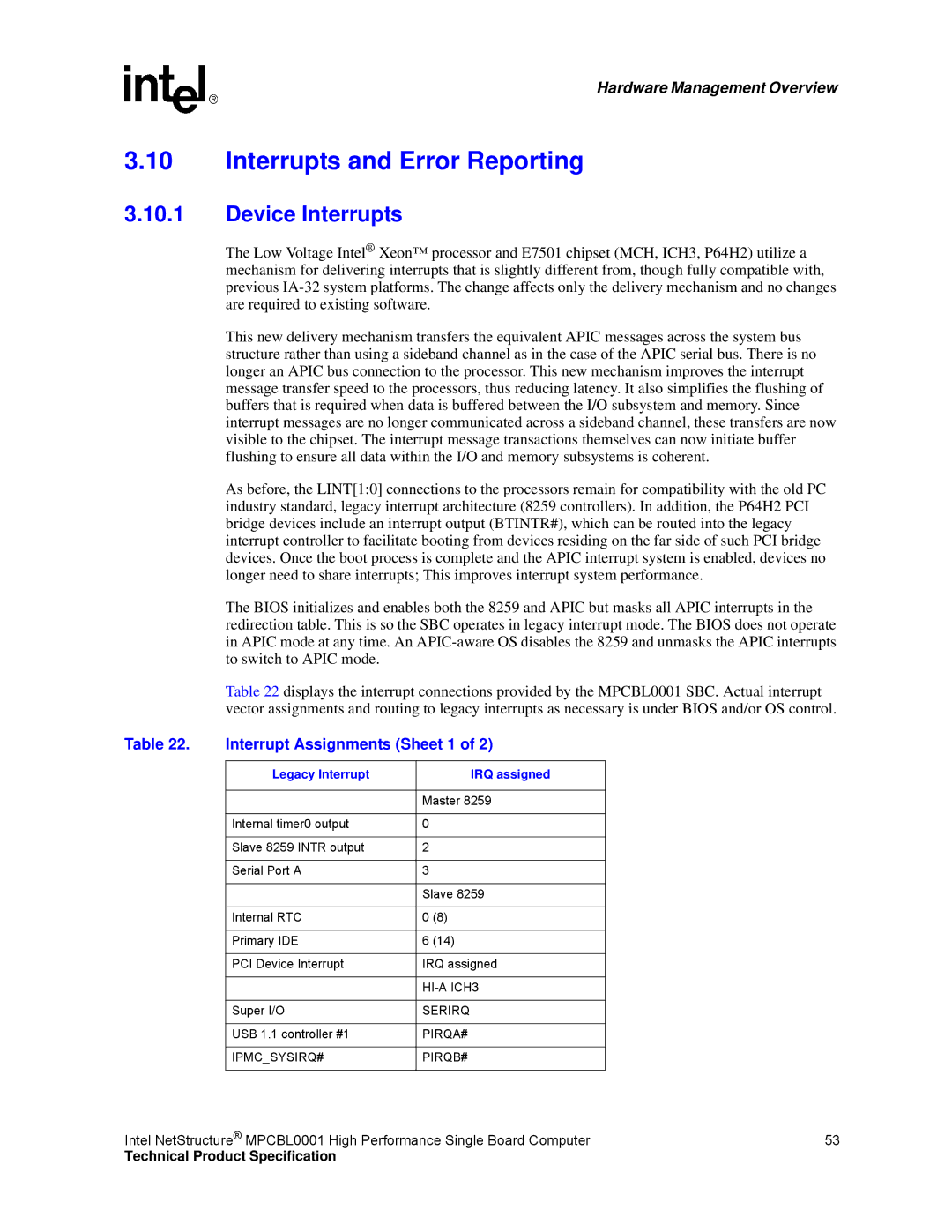 Intel MPCBL0001 manual Interrupts and Error Reporting, Device Interrupts, Interrupt Assignments Sheet 1 