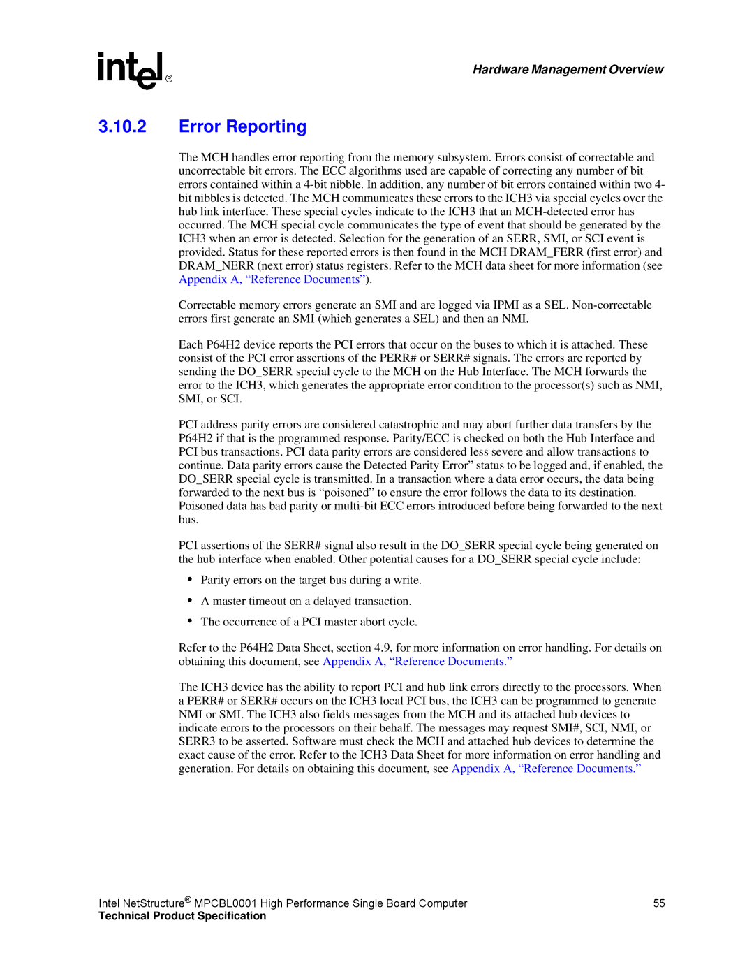 Intel MPCBL0001 manual Error Reporting 