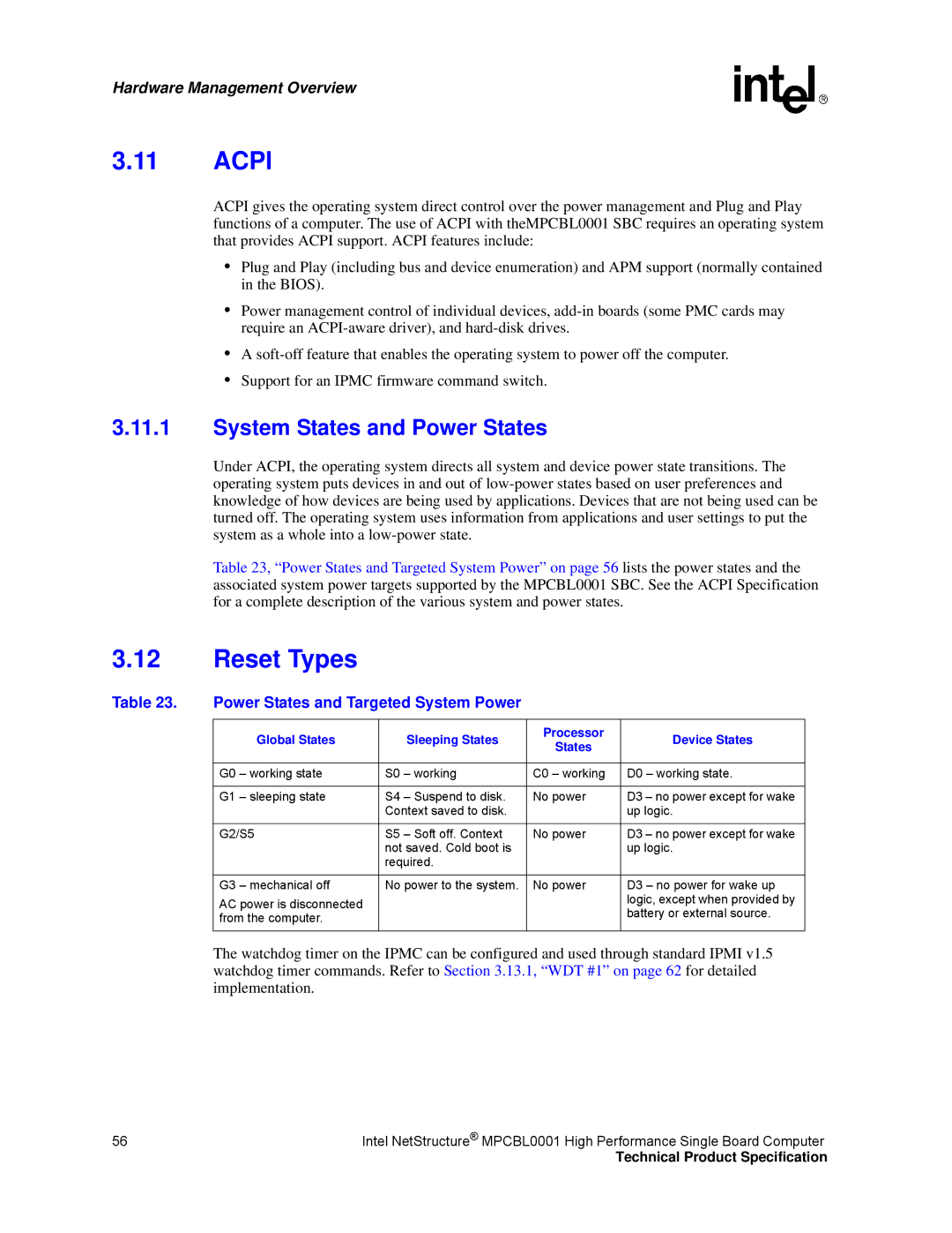 Intel MPCBL0001 manual Acpi, Reset Types, System States and Power States, Power States and Targeted System Power 