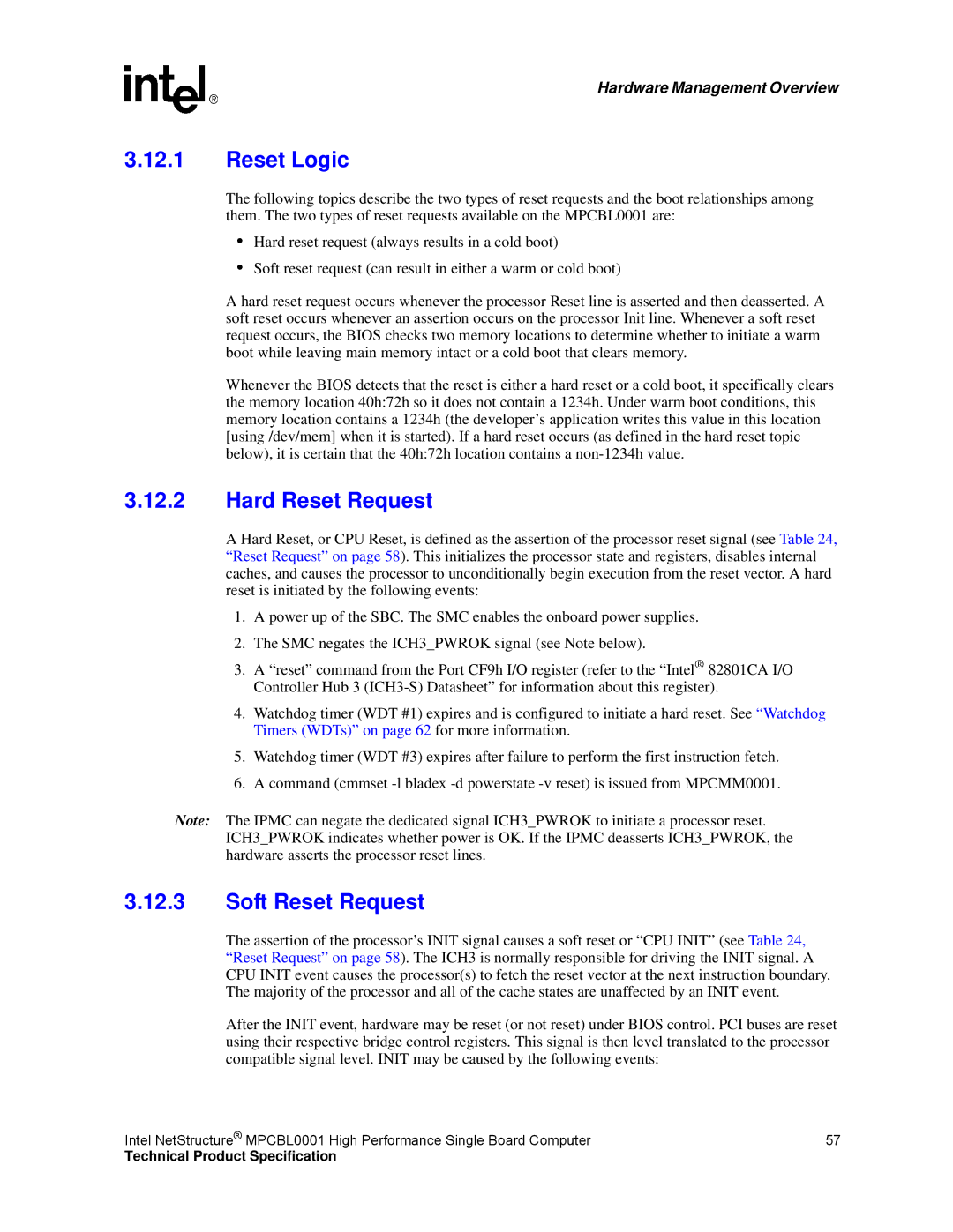 Intel MPCBL0001 manual Reset Logic, Hard Reset Request, Soft Reset Request 