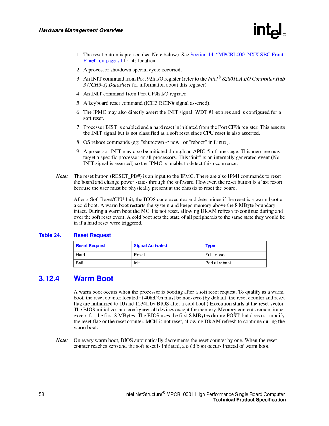 Intel MPCBL0001 manual Warm Boot, Reset Request Signal Activated Type 