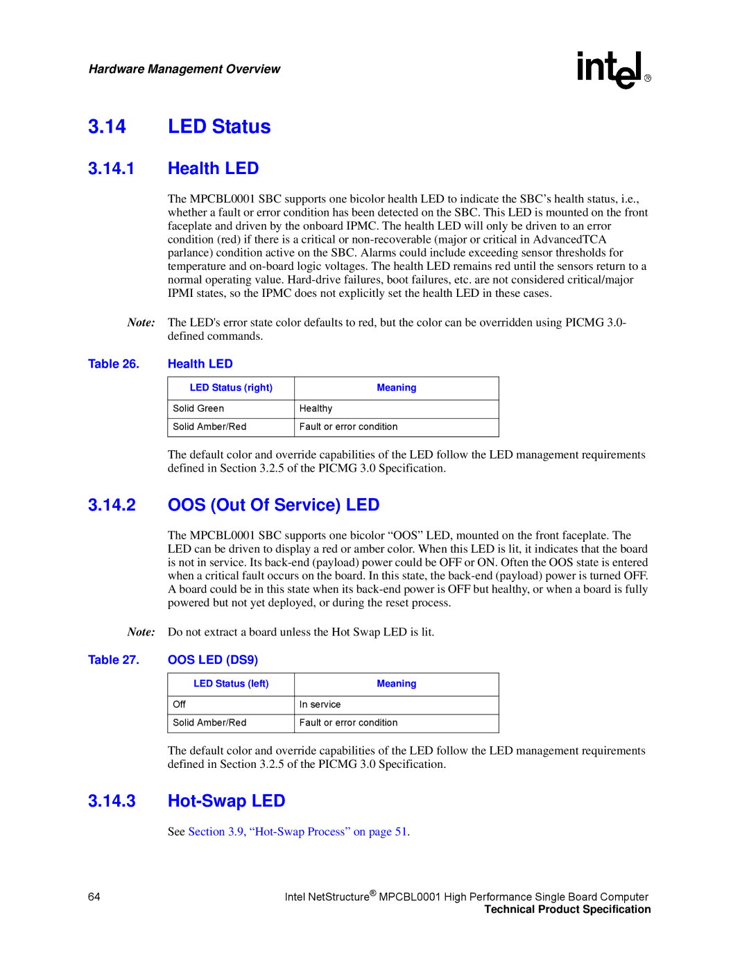 Intel MPCBL0001 manual LED Status, Health LED, OOS Out Of Service LED, Hot-Swap LED 