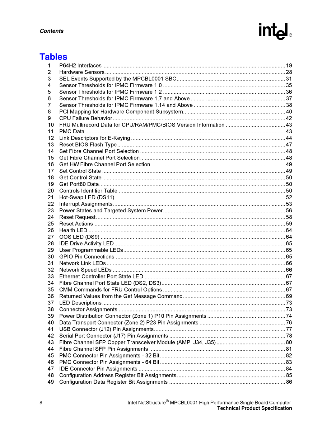 Intel MPCBL0001 manual Tables, OOS LED DS9 