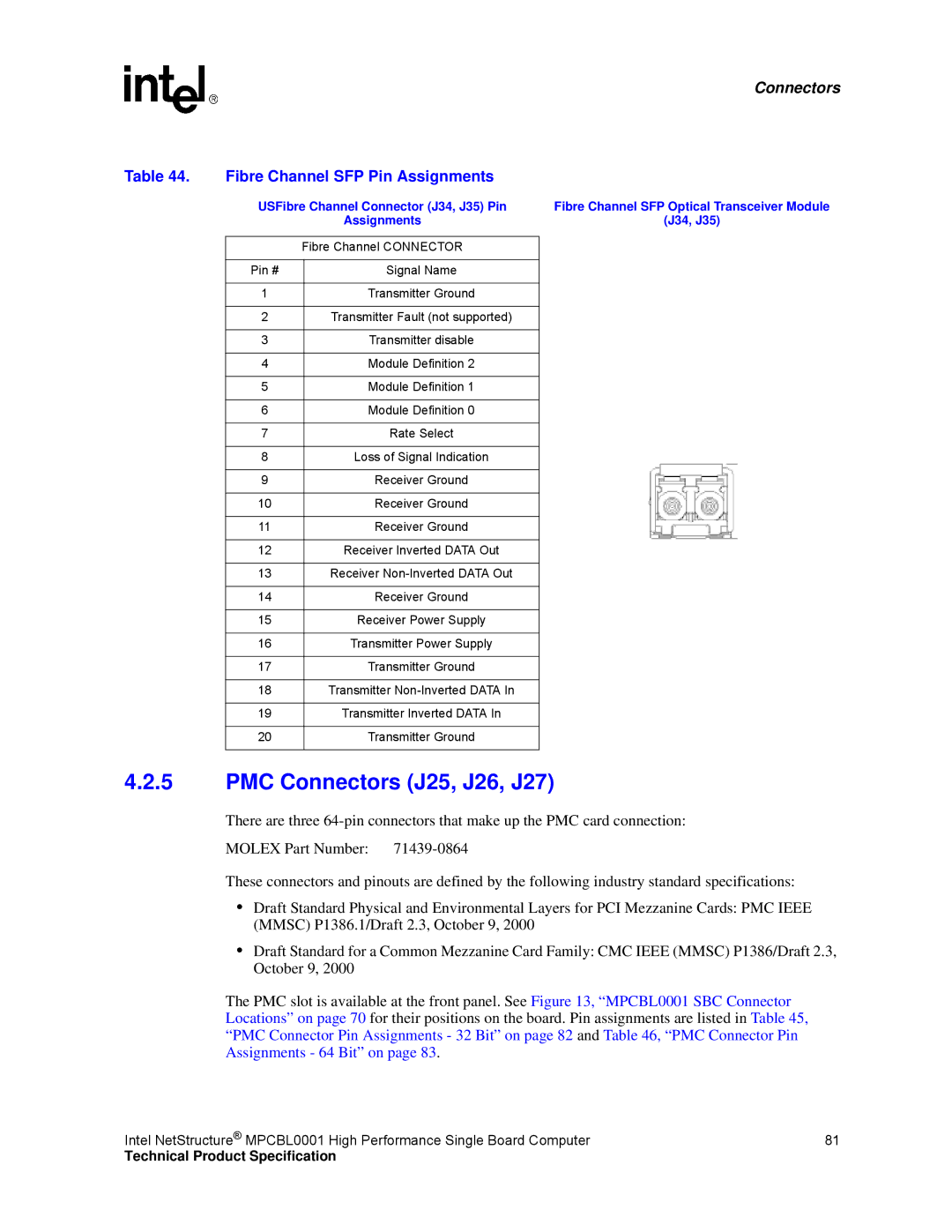 Intel MPCBL0001 manual PMC Connectors J25, J26, J27, Fibre Channel SFP Pin Assignments 