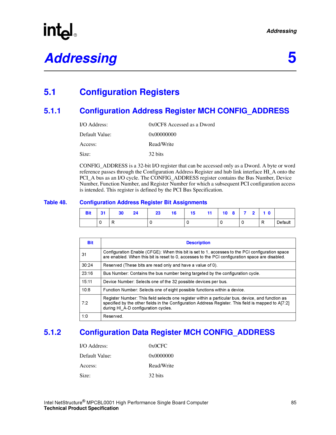 Intel MPCBL0001 manual Addressing5, Configuration Registers, Configuration Address Register MCH Configaddress 