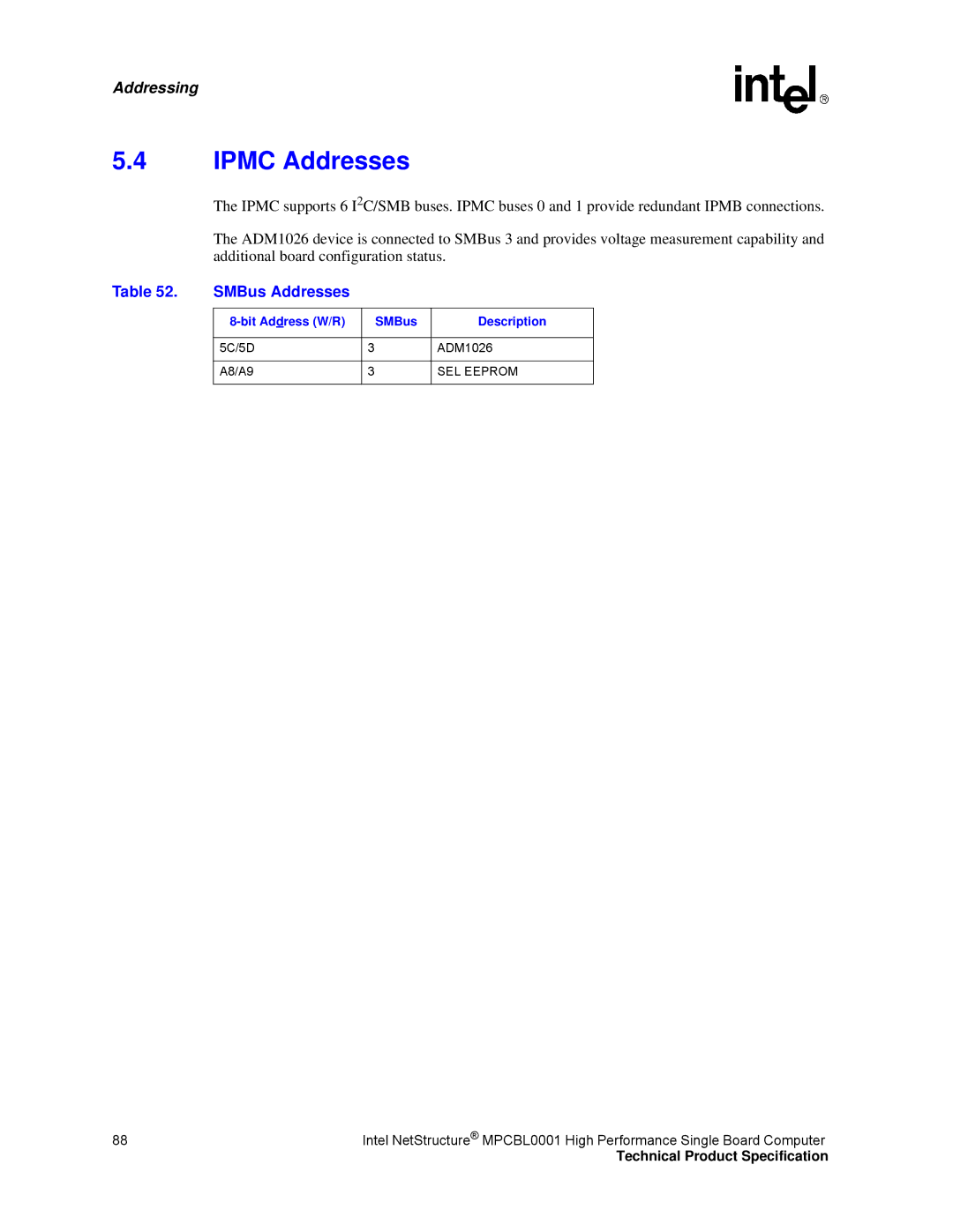 Intel MPCBL0001 manual Ipmc Addresses, SMBus Addresses, Bit Ad dress W/R SMBus Description, SEL Eeprom 