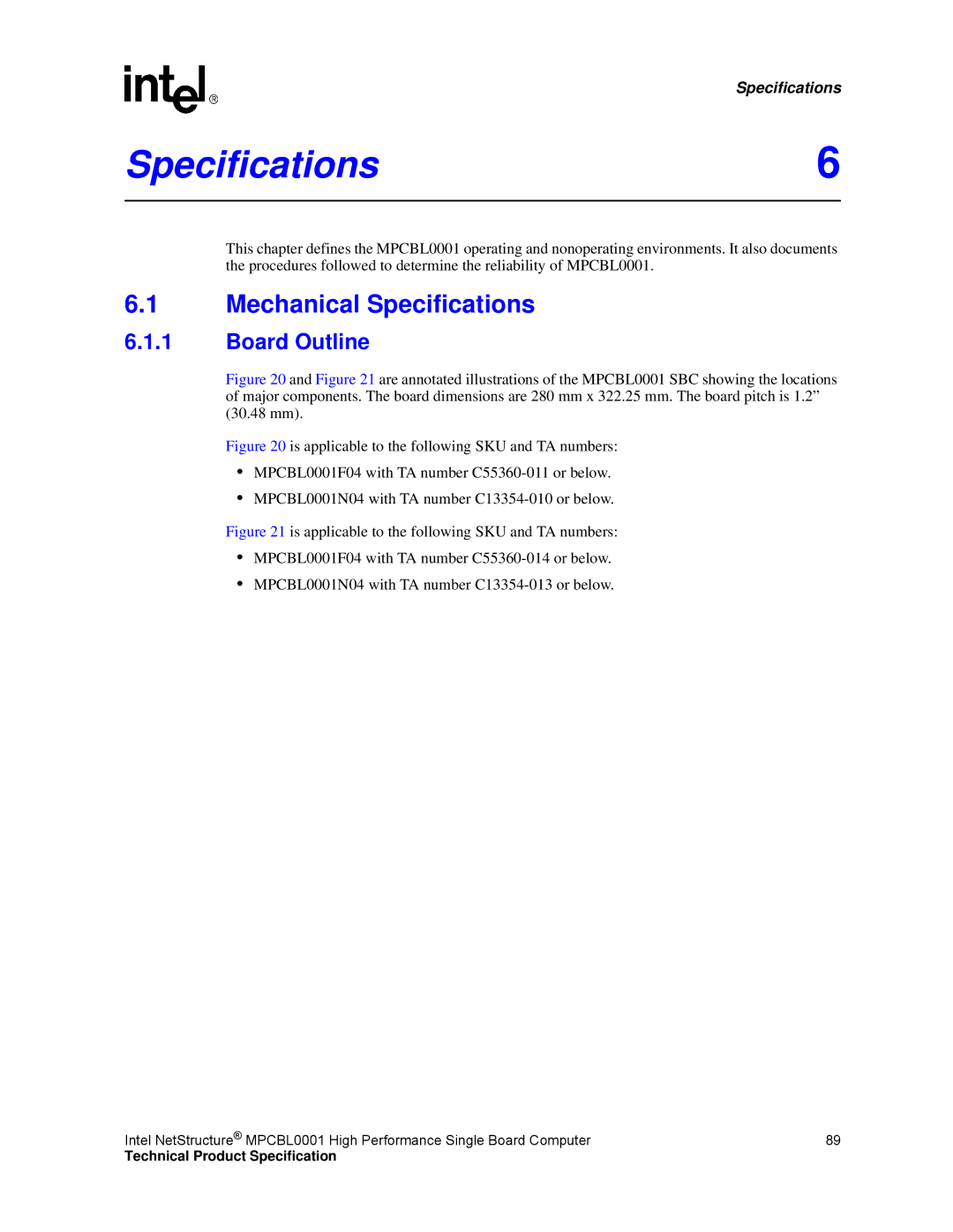 Intel MPCBL0001 manual Specifications6, Mechanical Specifications, Board Outline 