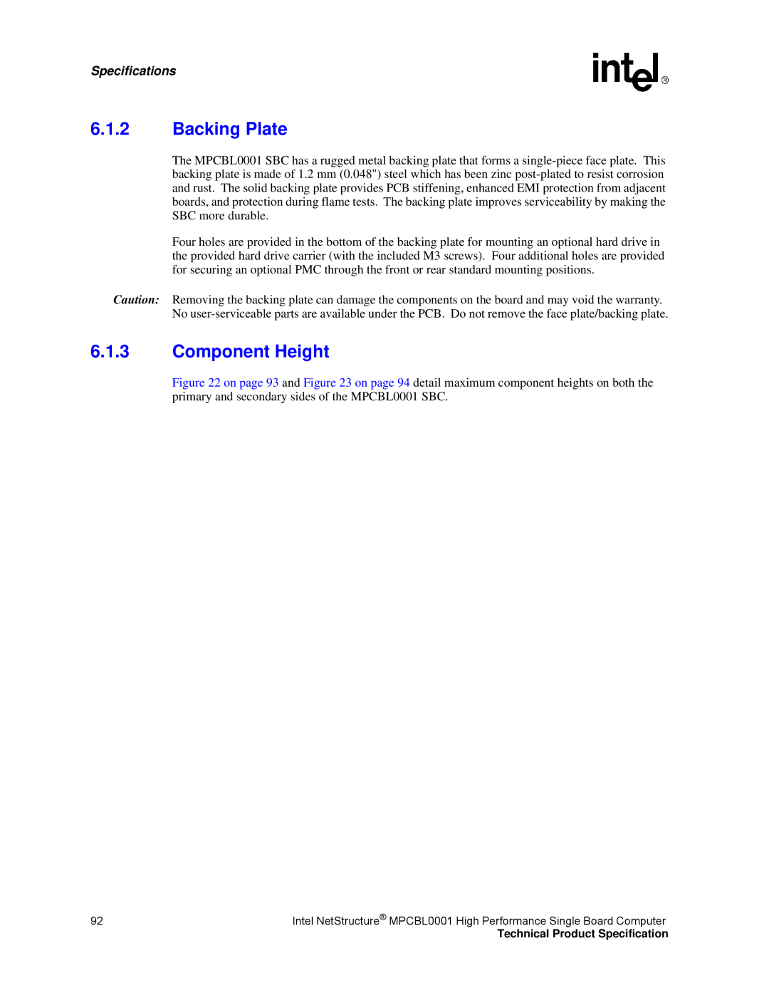 Intel MPCBL0001 manual Backing Plate, Component Height 