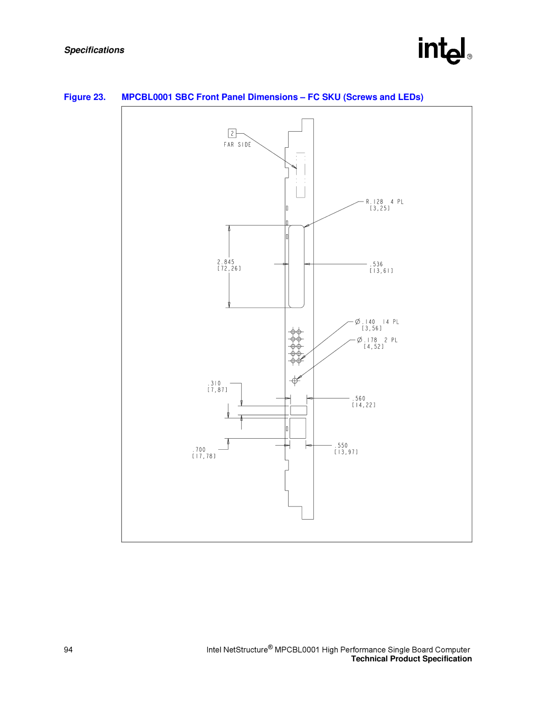 Intel manual MPCBL0001 SBC Front Panel Dimensions FC SKU Screws and LEDs 