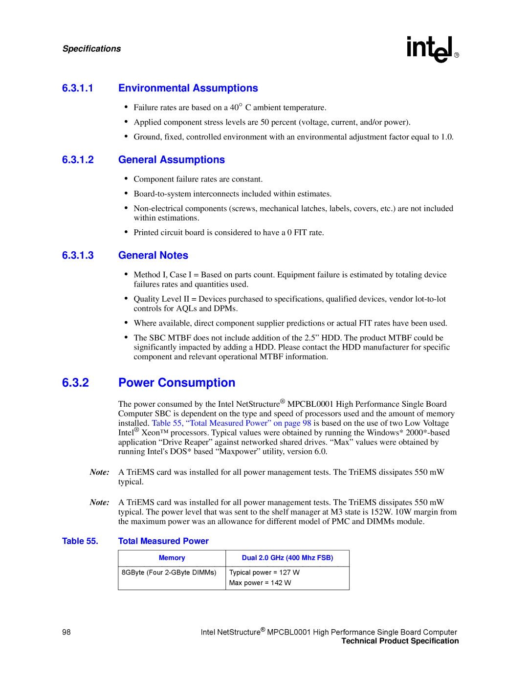 Intel MPCBL0001 Power Consumption, Environmental Assumptions, General Assumptions, General Notes, Total Measured Power 